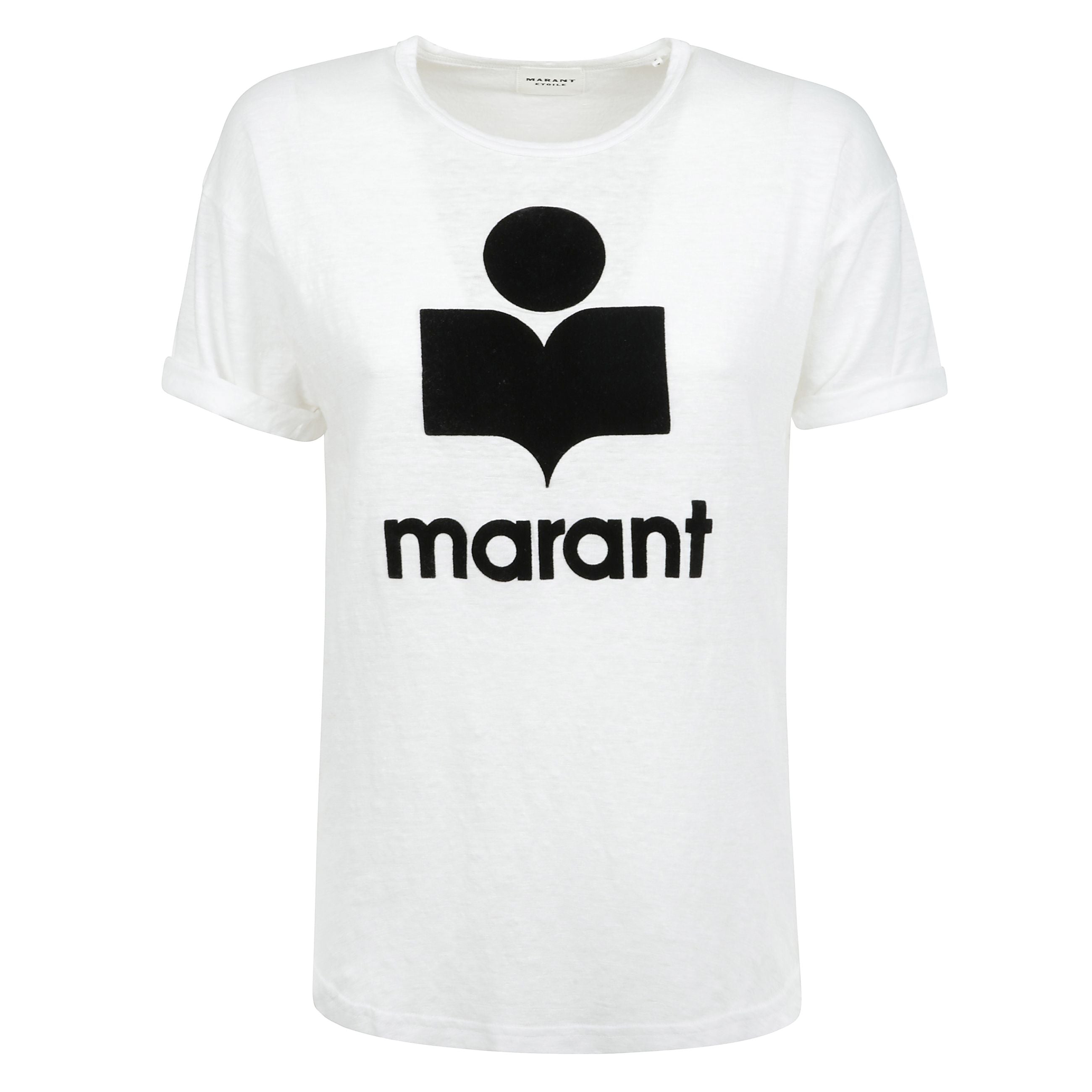 T-shirt in lino a maniche corte. scollo rotondo. collo, orlo e maniche con bordi elasticizzati. vestibilitÃ  ampia e fondo dritto. grande logo del brand isabel marant e firma sul fronte.