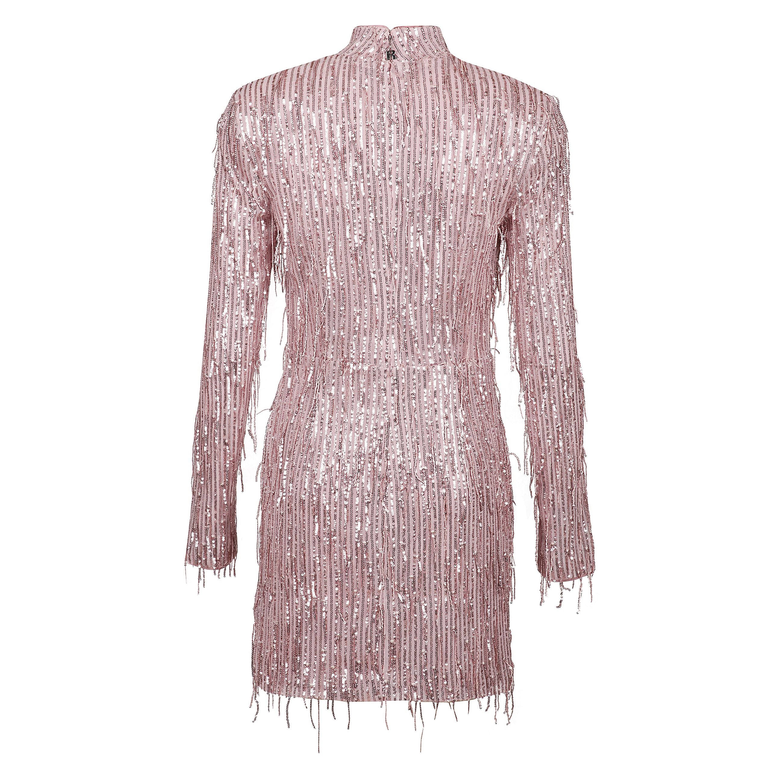 Abito corto rosa con paillettes e frange a maniche lunghe