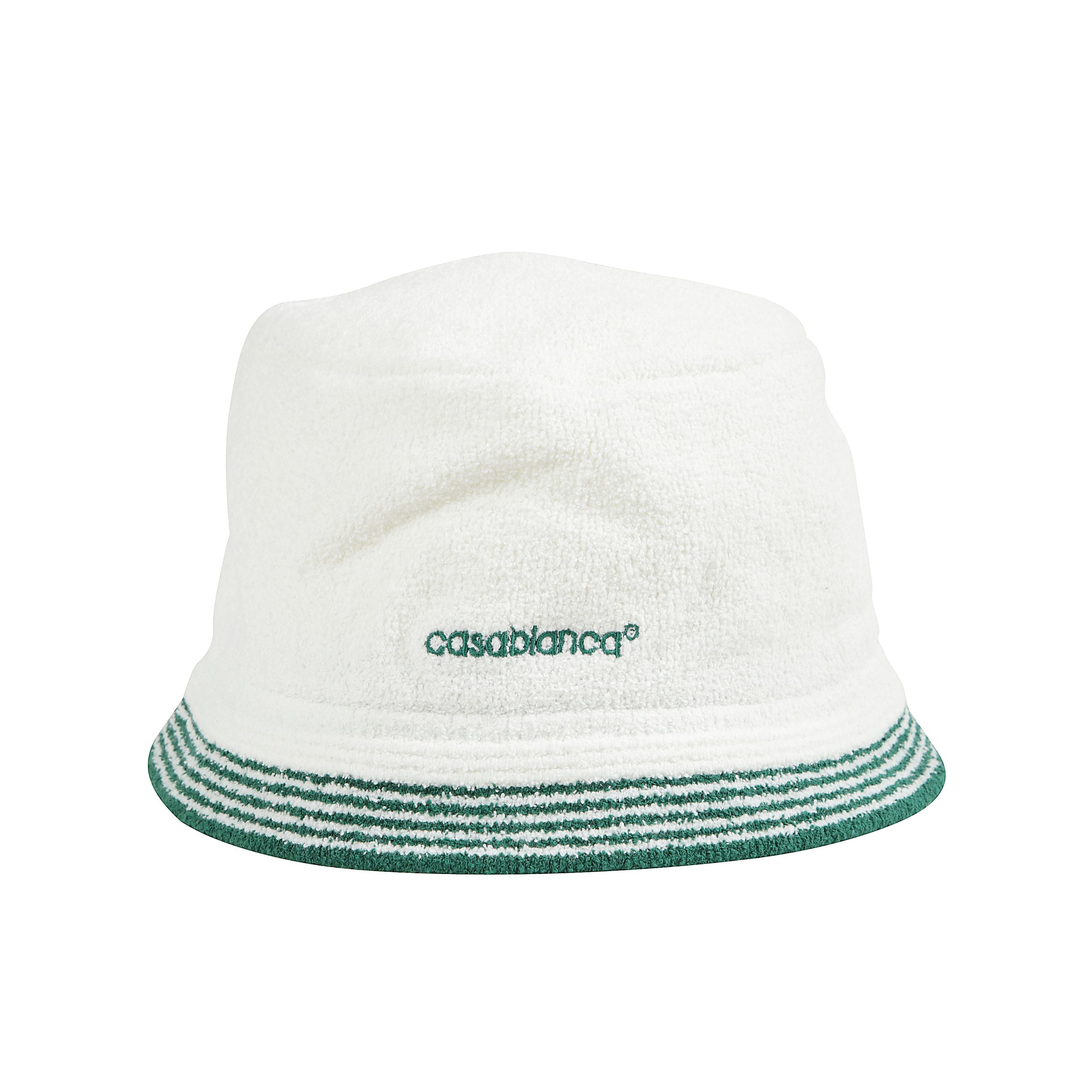 Bucket emboidered hat il cappello a secchiello casablanca bianco Ã¨ realizzato in spugna di cotone e presenta un ricamo del logo verde e un disegno a righe sulla tesa.