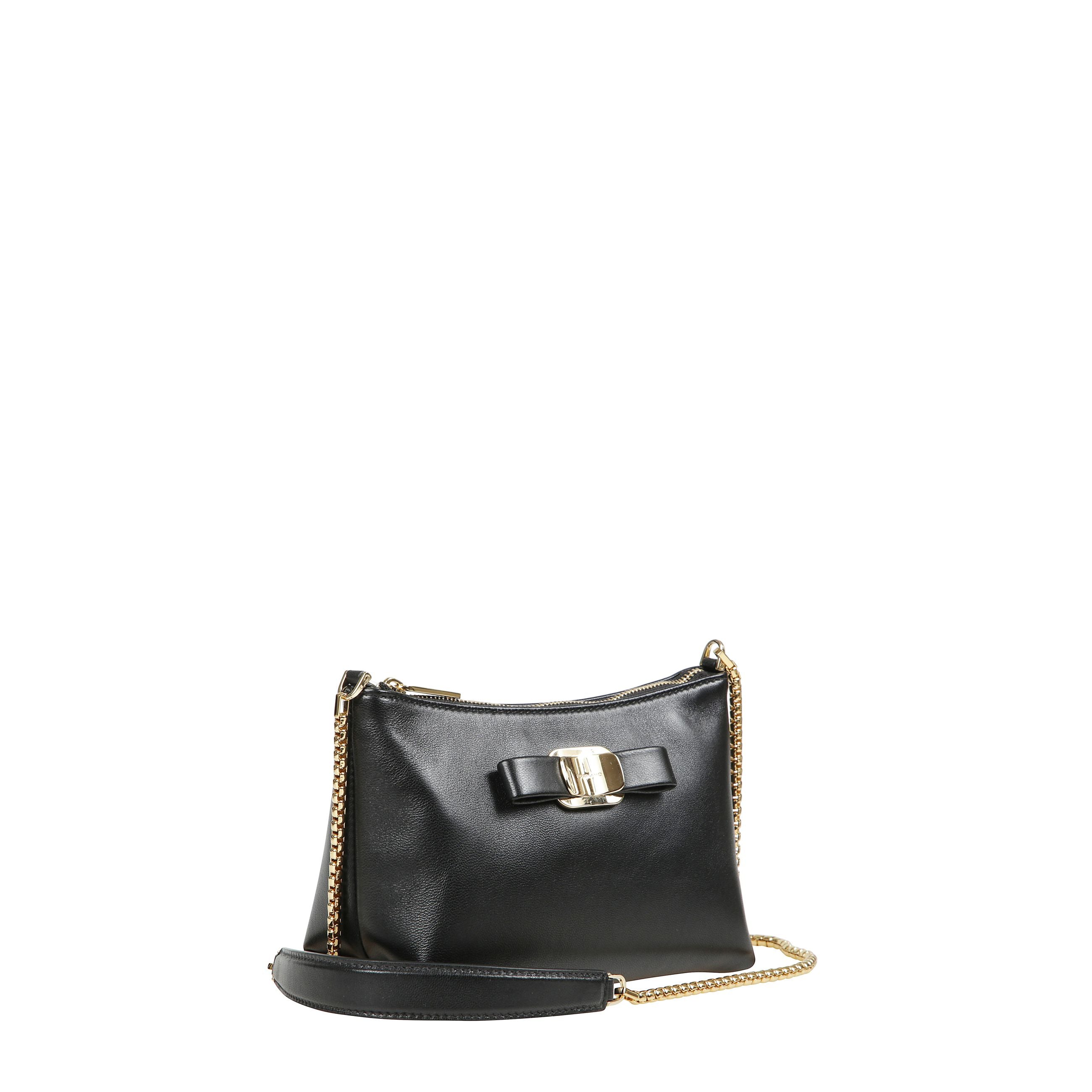 Mini borsa a tracolla nera, con manico in pelle e tracolla con catena in metallo.