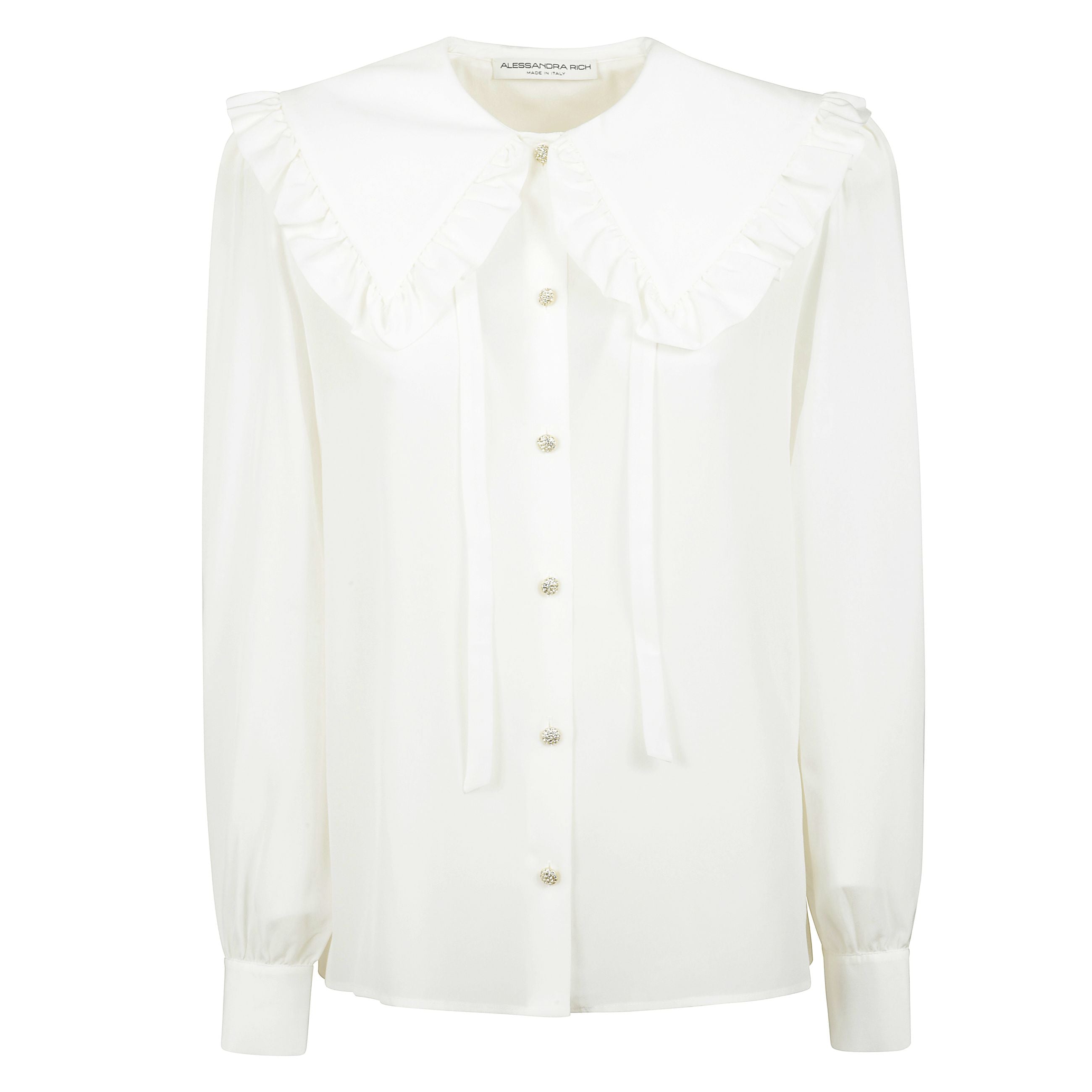 Blusa in seta con colletto alla peter pan, chiusura frontale con bottoni e polsini con abbottonatura