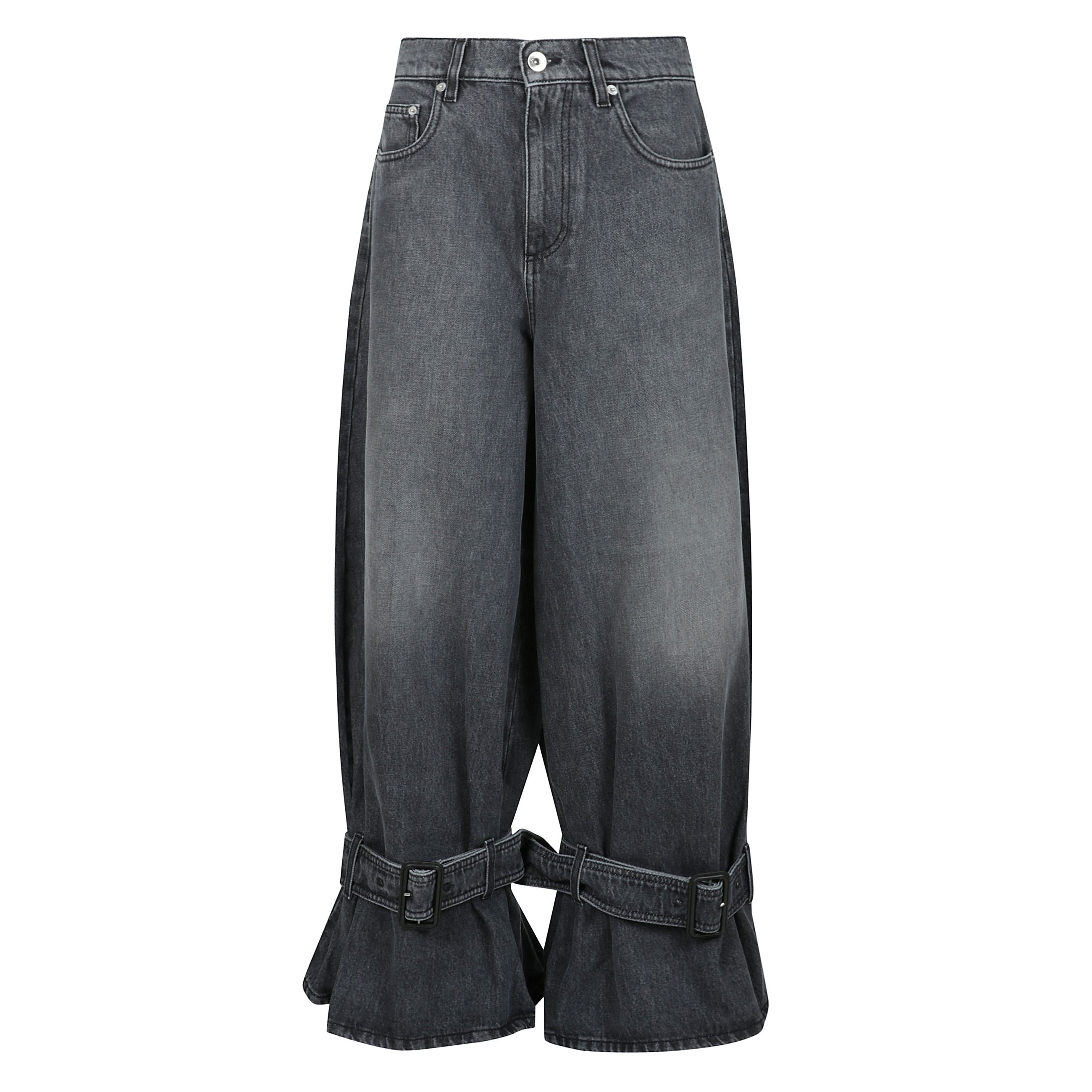 Buckled cuff jeans a gamba larga con chiusura frontale con bottone e cerniera nascosta