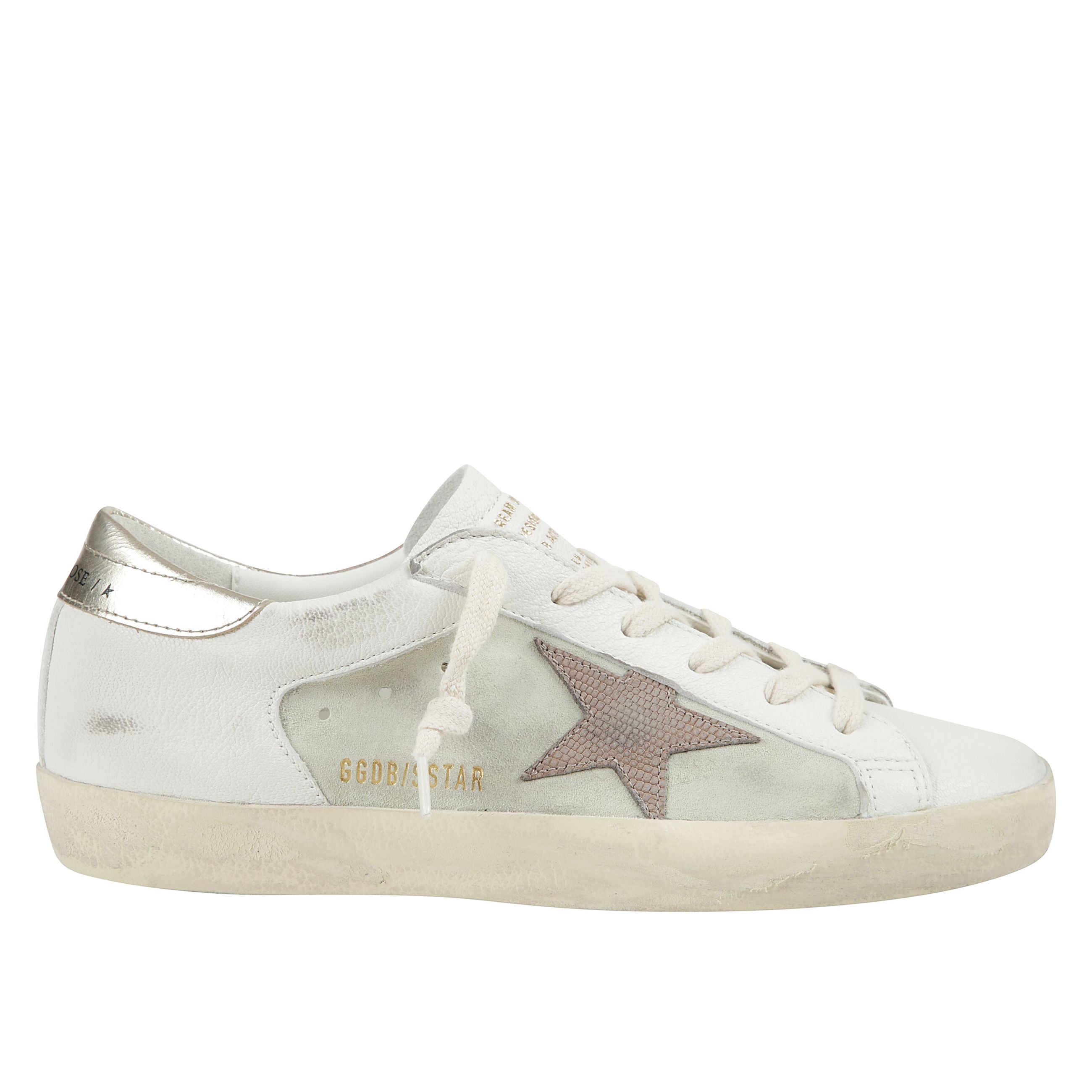 Sneakers super-star in pelle bianca, stella con stampa coccodrillo, tallone color oro
