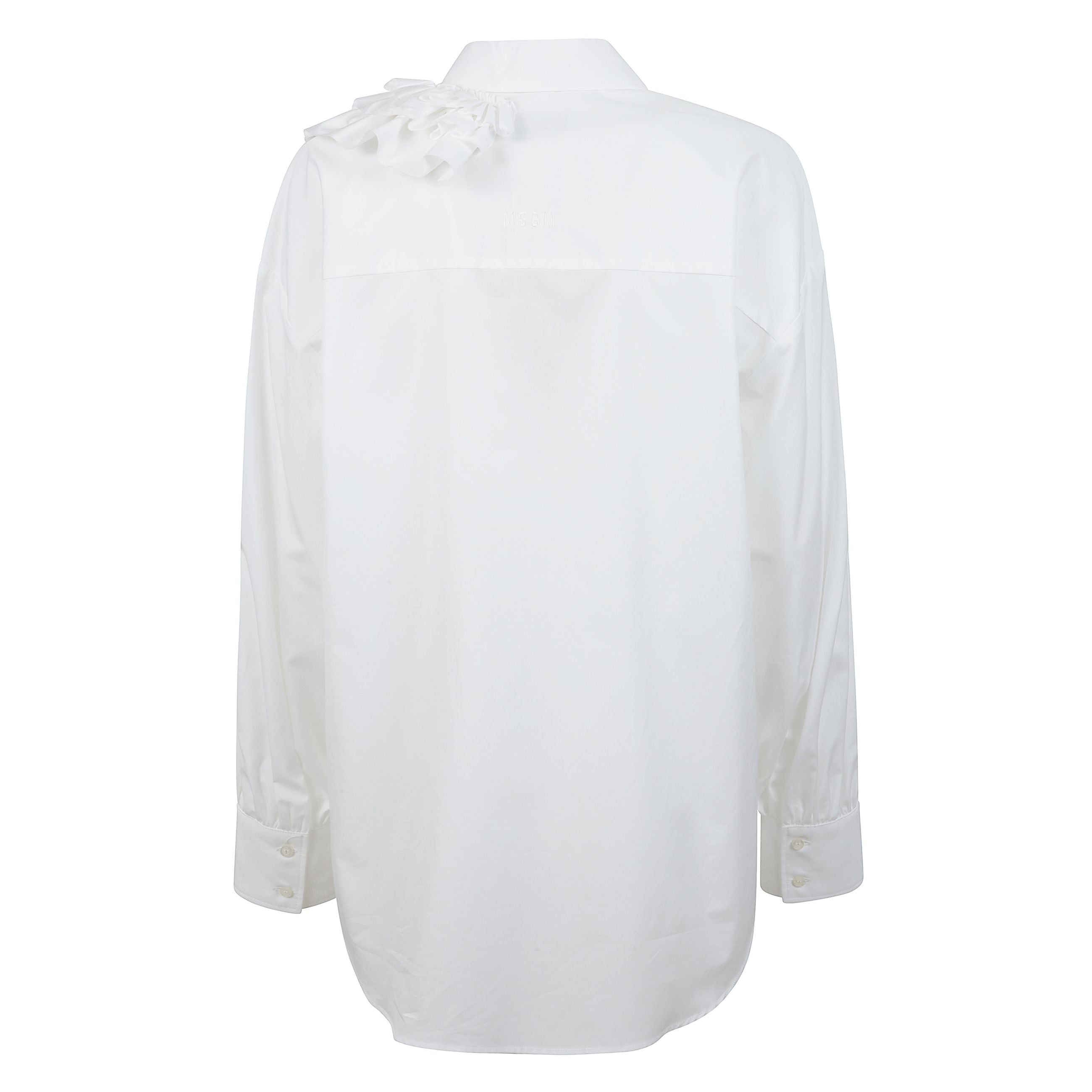 Camicia in popeline di cotone con dettaglio rouches applicati sulla spalla.