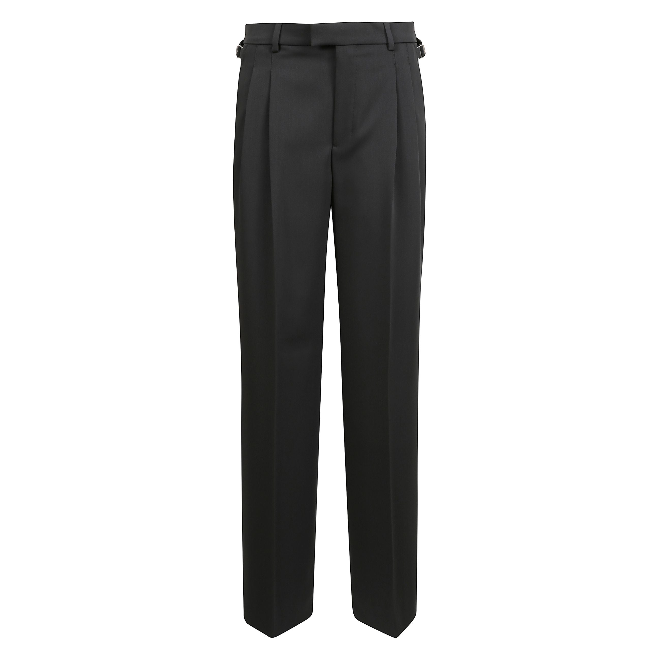 Pantaloni in lana a vita alta con taglio a gamba ampia. dettagli a pieghe stirate frontali e sul retro. cintura con fascia e chiusura nascosta. passanti e cinturini obliqui laterali.