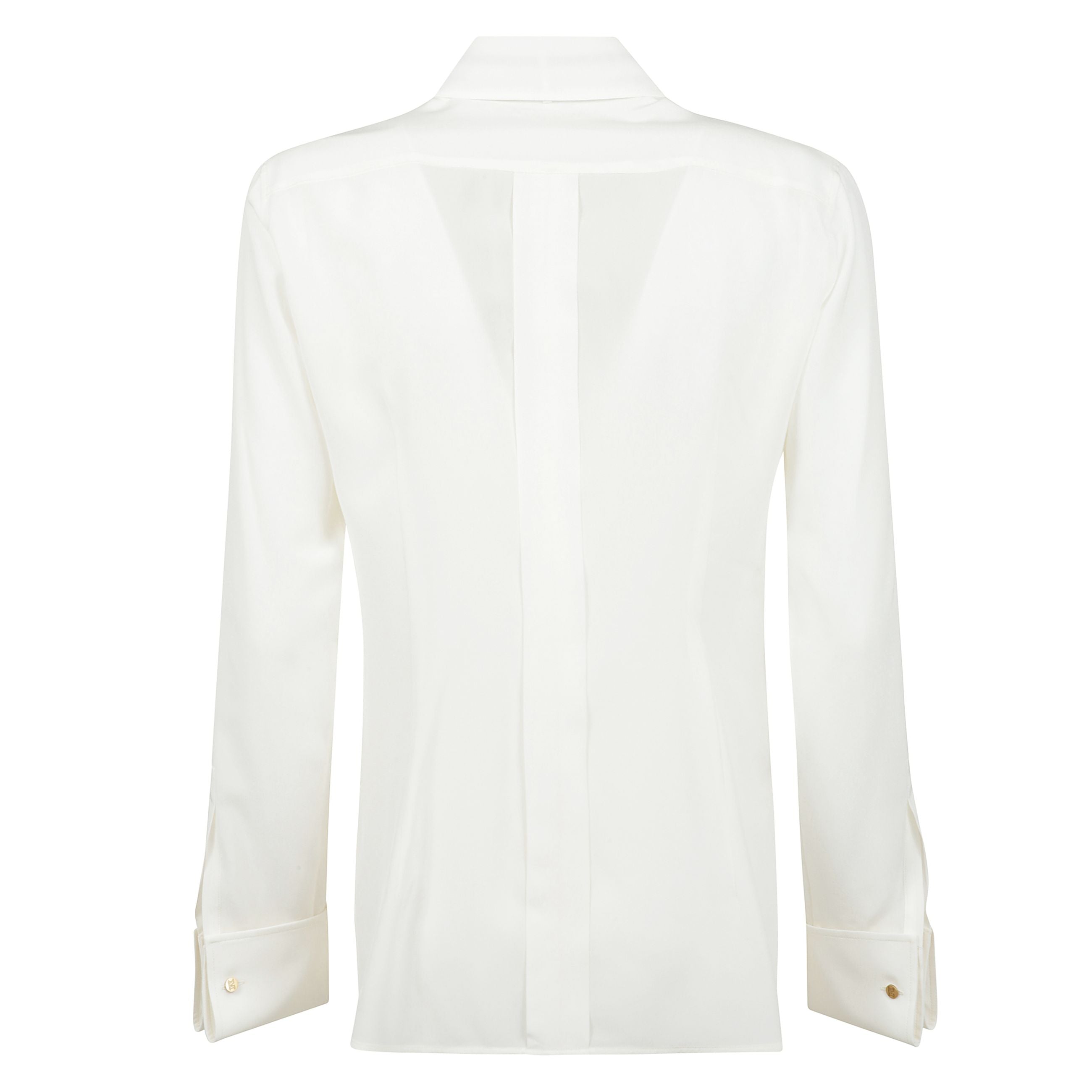 Camicia in pura seta. modello dalla linea fluida con classico colletto a punta, cravattino in nastro bicolore rimovibile con bottone sul retro del collo e polsini alti a gemello. rifinita con spacchi laterali stondati, taglio sprone e piega centrale sul r