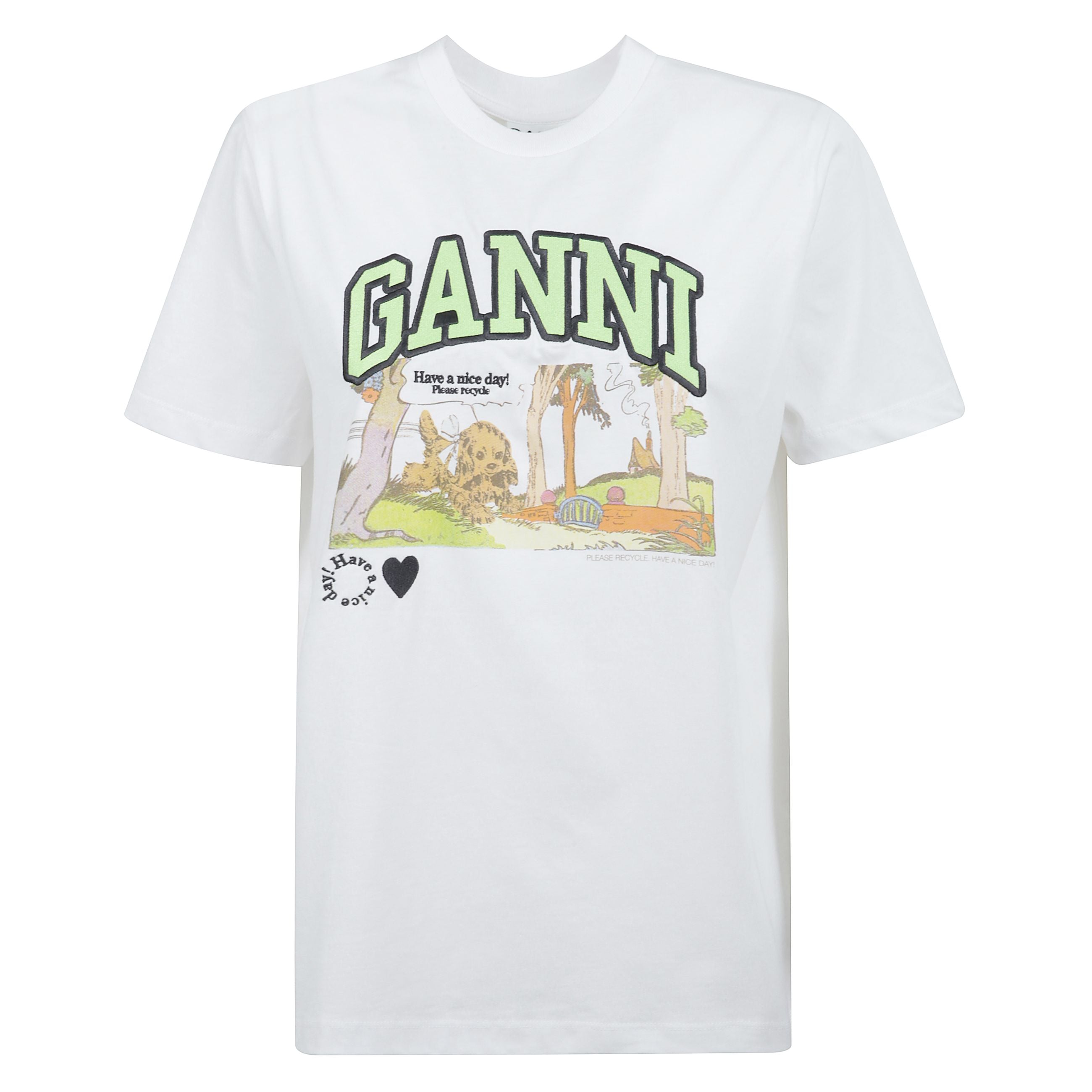 T-shirt rilassata in jersey bianco poppy basic presenta uno scollo rotondo, maniche corte e una stampa grafica ganni.