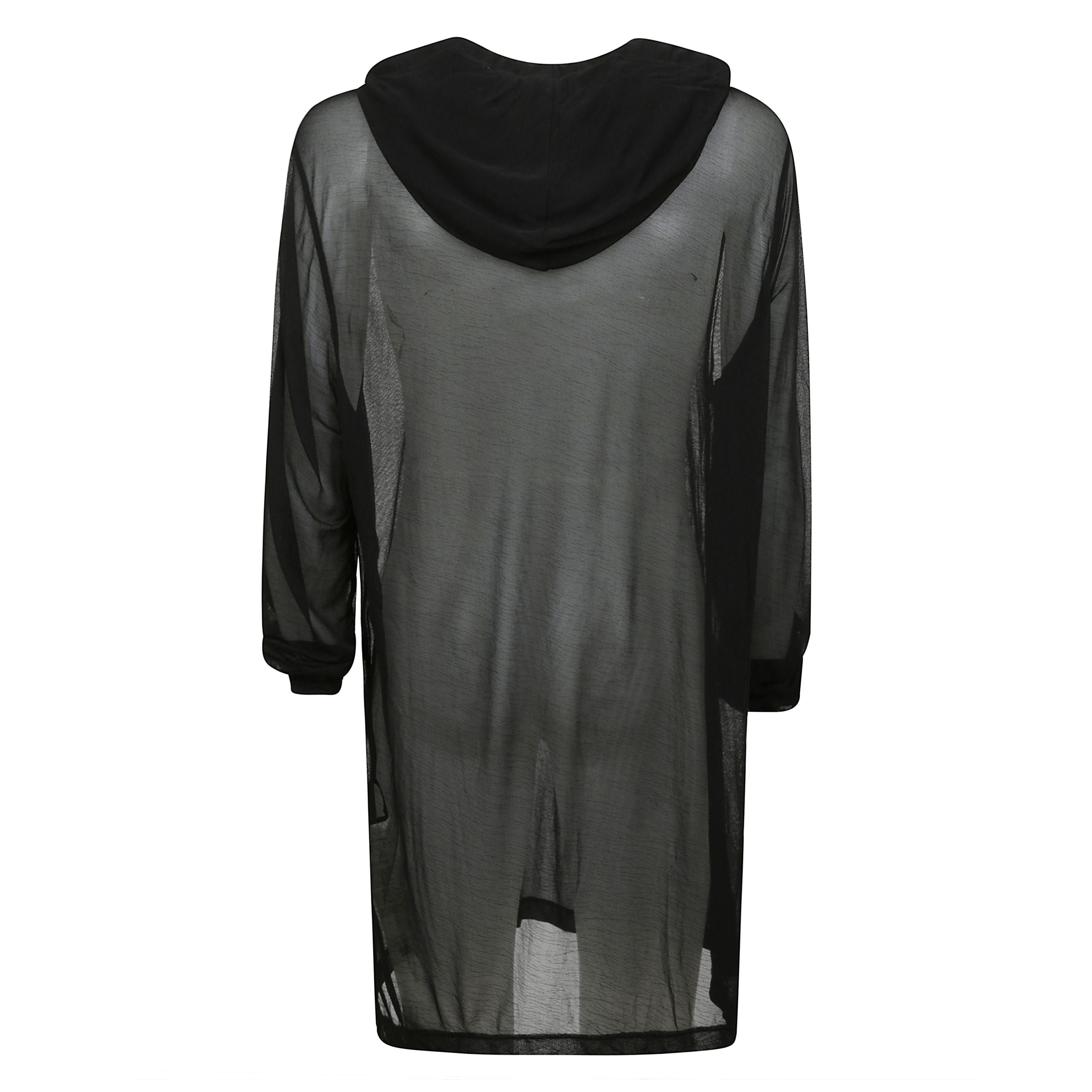 Felpa semitrasparente stretch in cupro jersey a maniche lunghe, dispone di un cordoncino al cappuccio, polsini a costine e vita. ha cuciture sulle spalle che scorre lungo la spina dorsale.