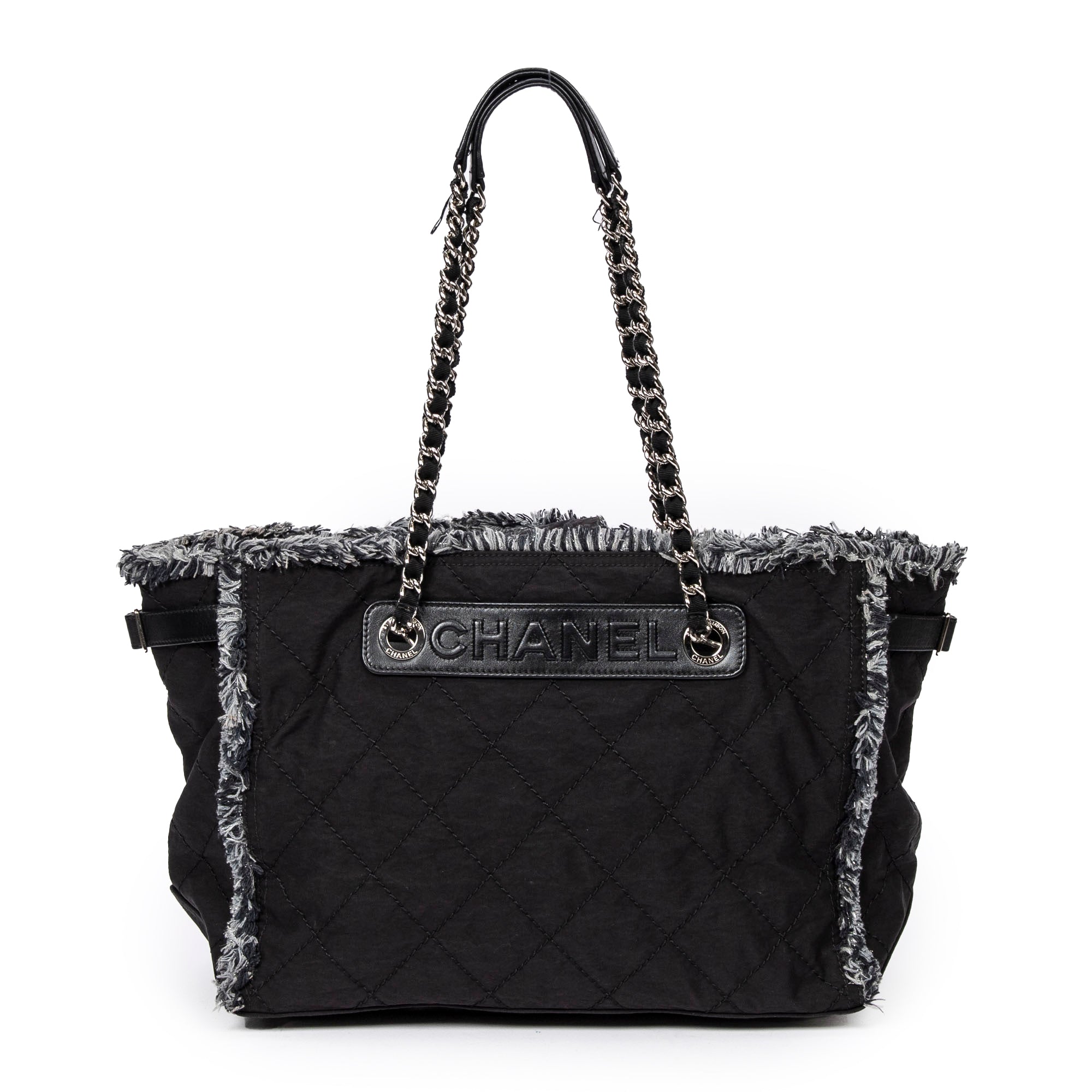 Horizontal Tweed Fringe Chain Tote 
