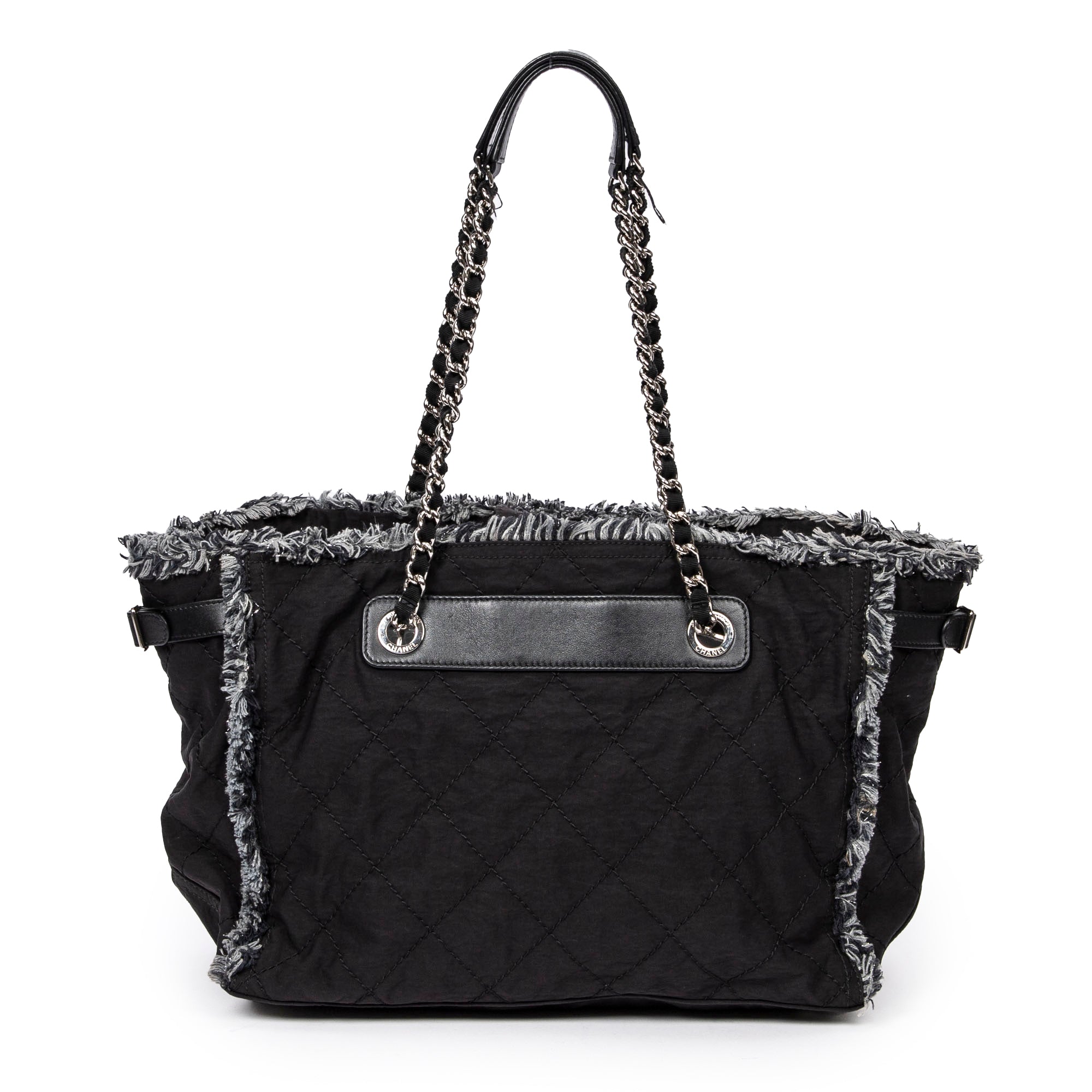 Horizontal Tweed Fringe Chain Tote 