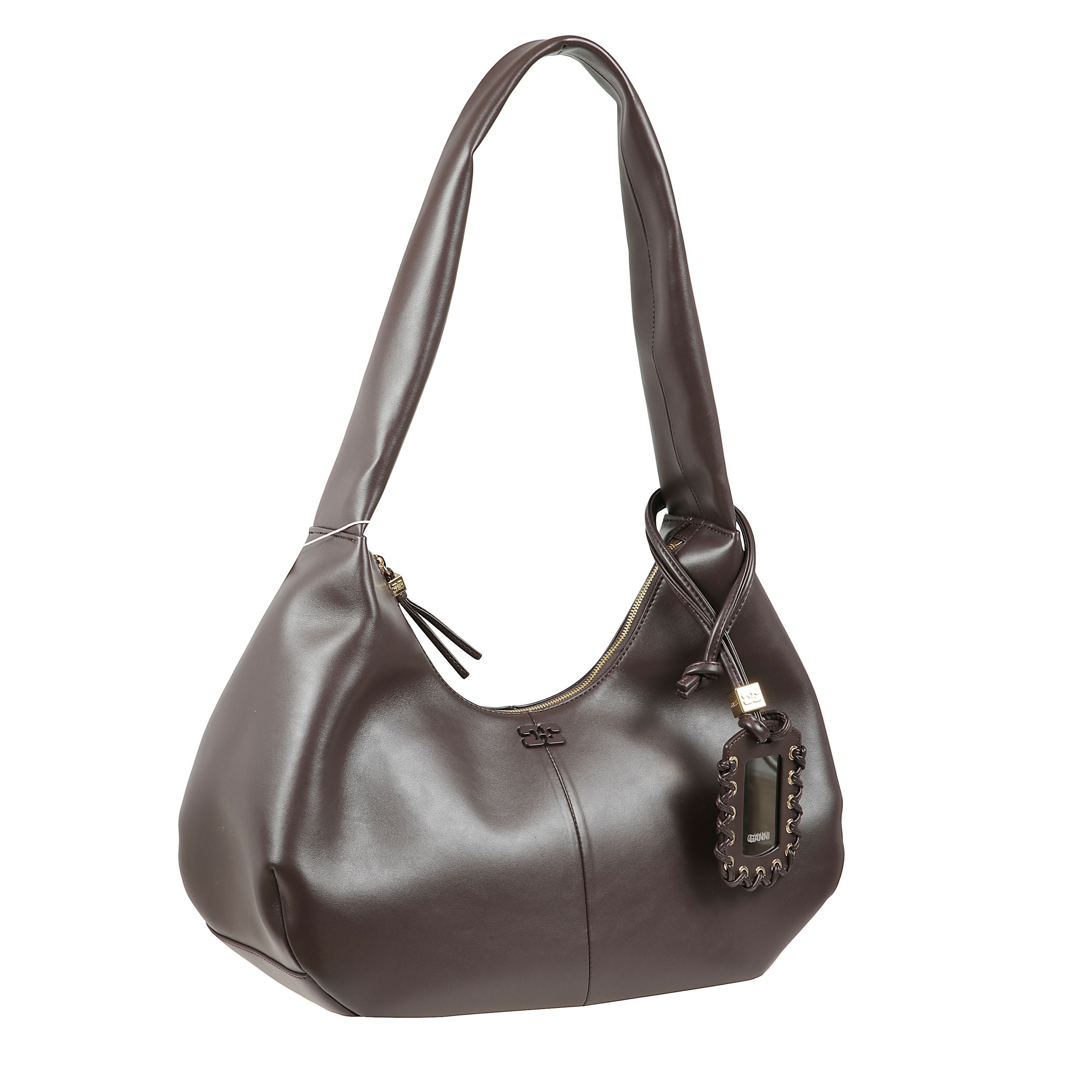 Ganni bou bag hobo medium borsa a spalla in pelle finitura liscia dal design rotondo, con chiusura superiore con zip, con tracolla singola ed etichetta removibile