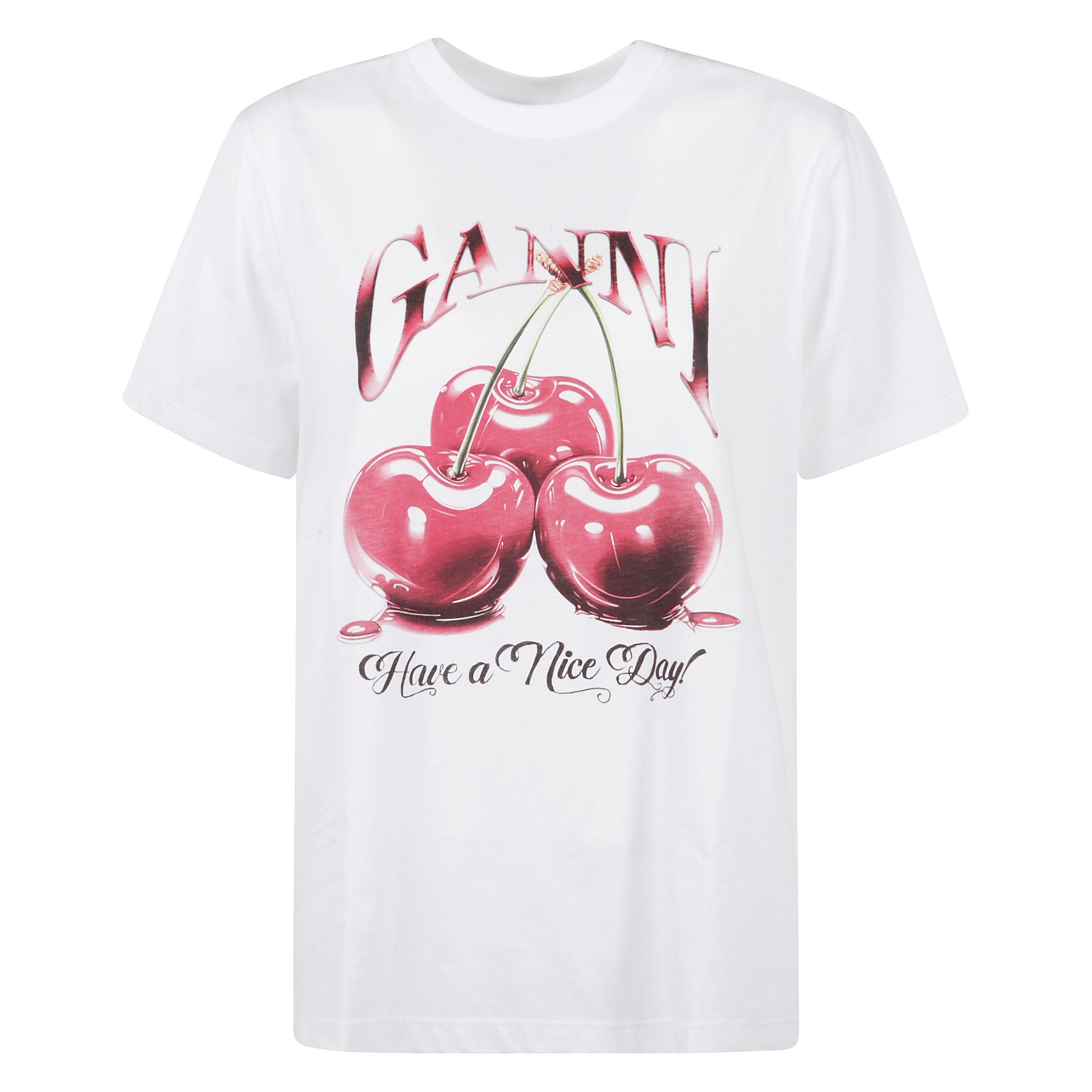 T-shirt in cotone a maniche corte. scollo rotondo. stampa frontale con tre ciliegie, scritta ""have a nice day"" e firma ganni in evidenza sulla stampa.