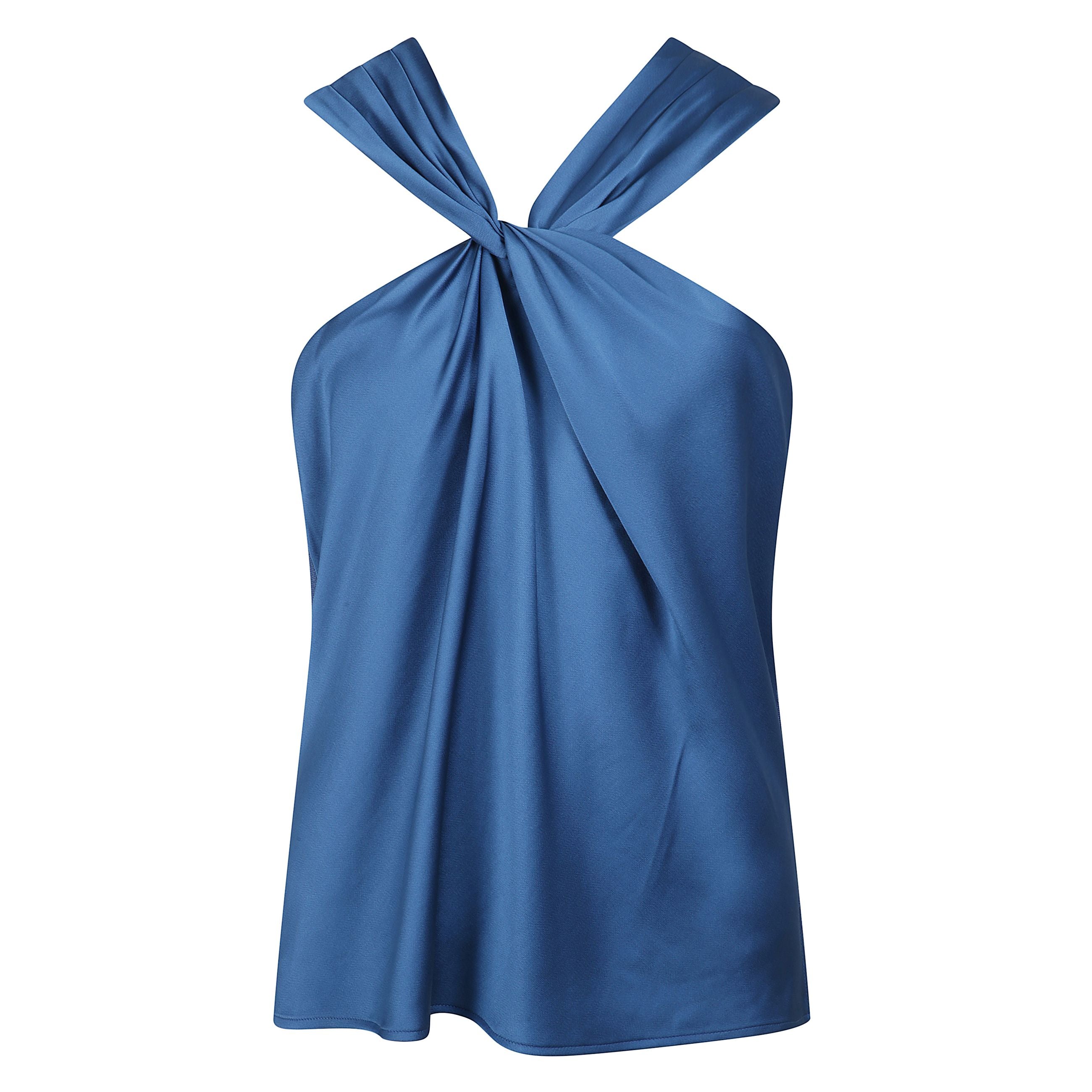 Top ria con tessuto frontale satinato ,scollo con design incrociato e tessuto sul retro in maglia.