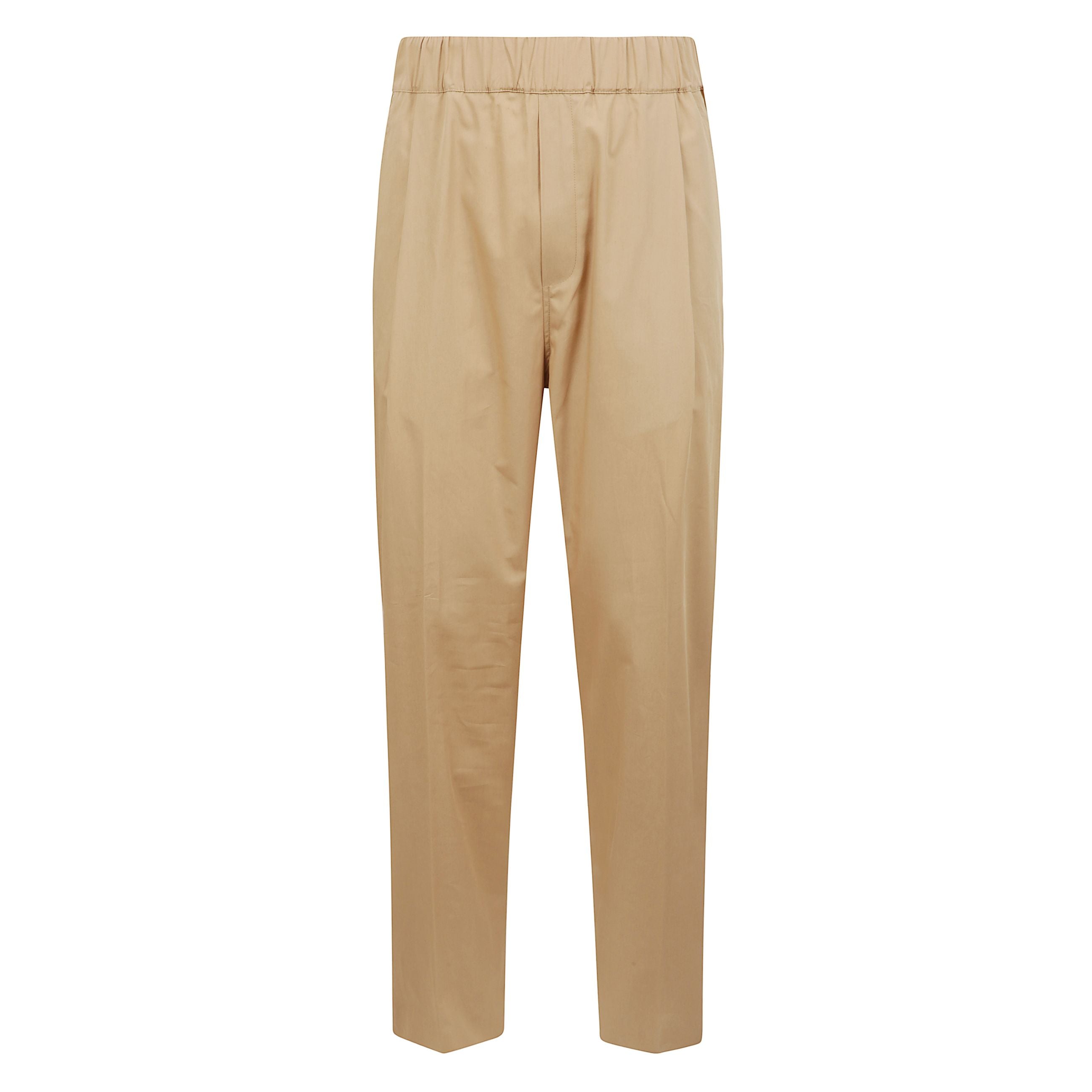 Pantaloni gamba larga monopence, realizzati in raso di cotone, vita con elastico arricciato e tasca americana.