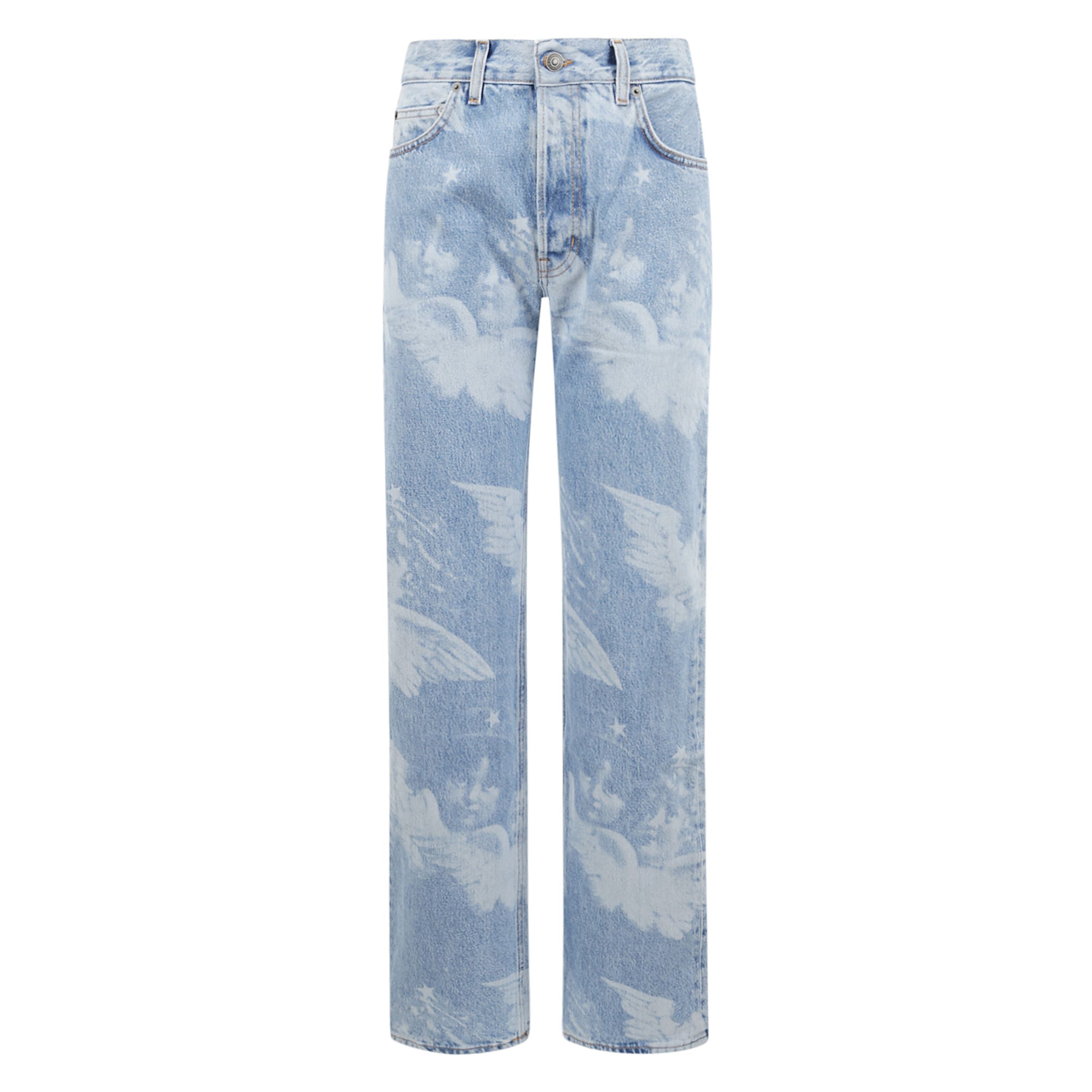 Jeans a vita alta e taglio dritto in denim sbiadito. chiusura con zip e bottone. tasche laterali a filetto davanti e sul retro.