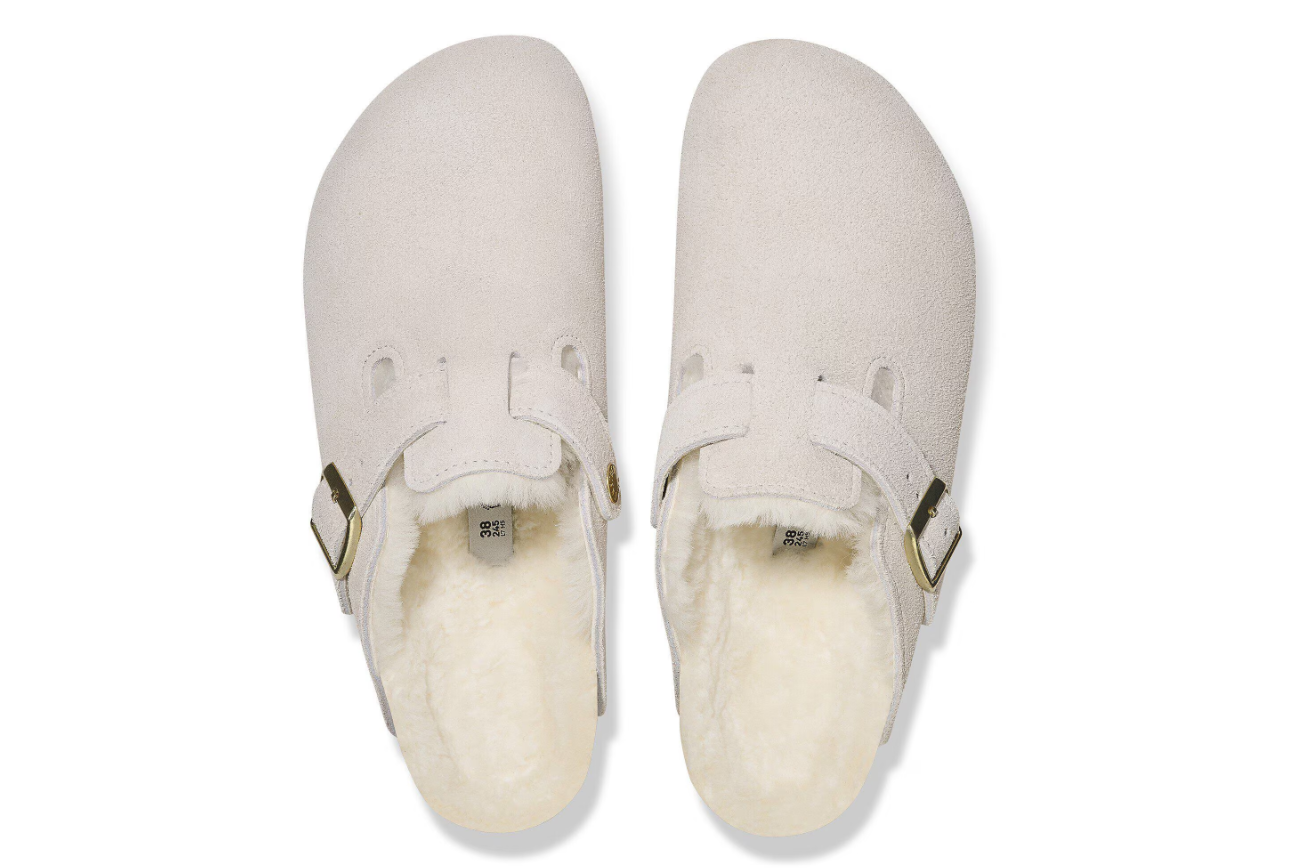 Birkenstock Boston Shearling Antique White Suede Leather Clogs