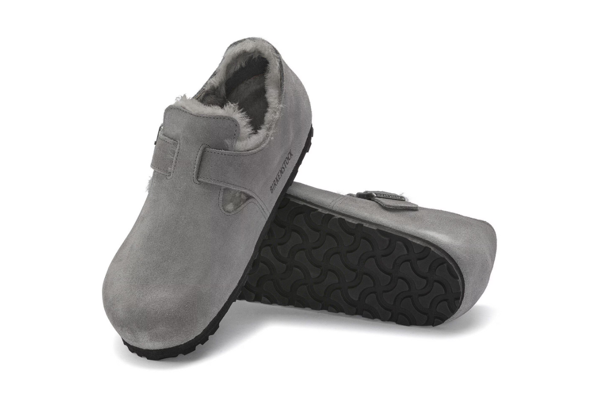 Birkenstock London Shearling Suede Leather Whale Gray  Narrow