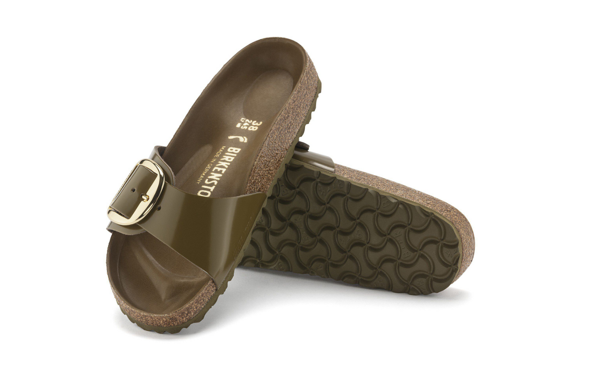 Birkenstock Madrid Big Buckle Patent Mud Green Sandals Narrow