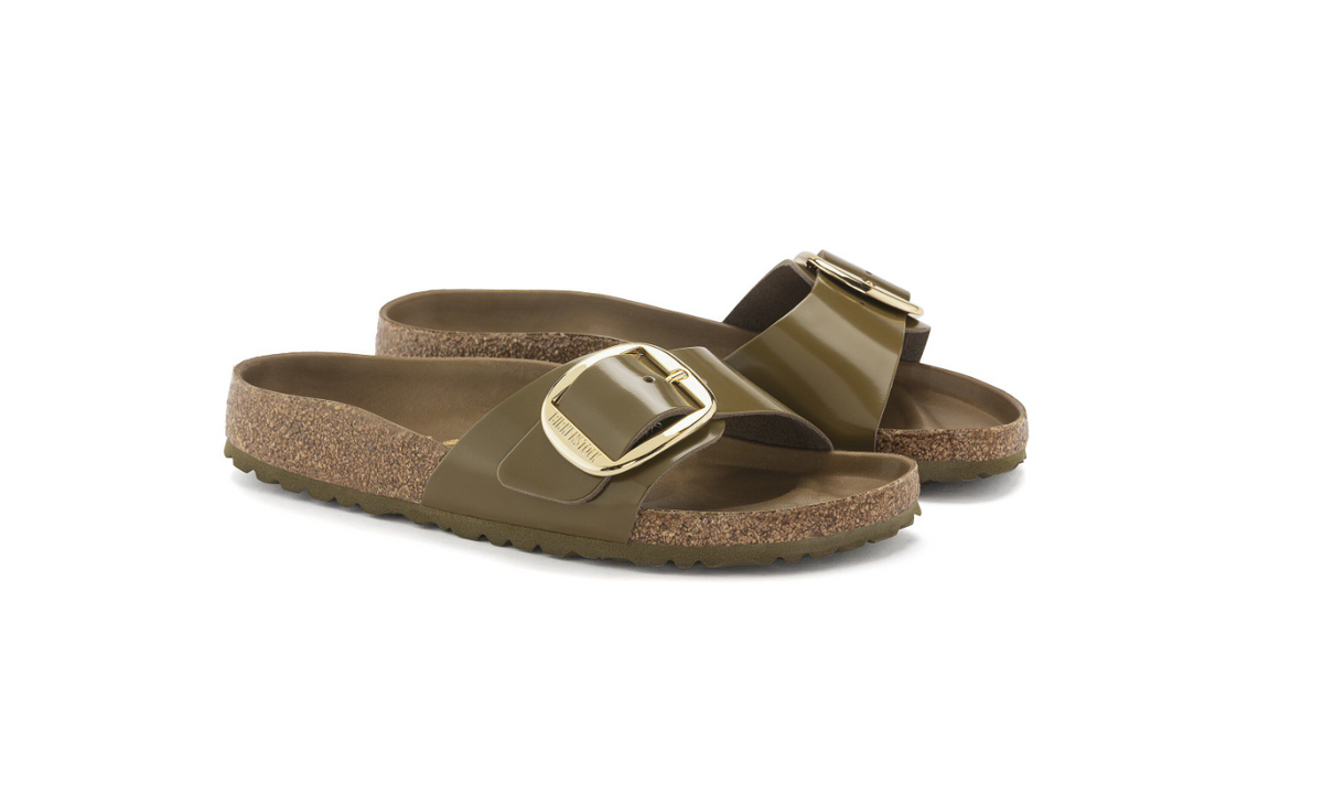 Birkenstock Madrid Big Buckle Patent Mud Green Sandals Narrow