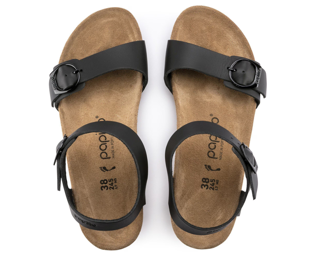 Birkenstock Soley Natural Leather Black Wedge Sandals Narrow