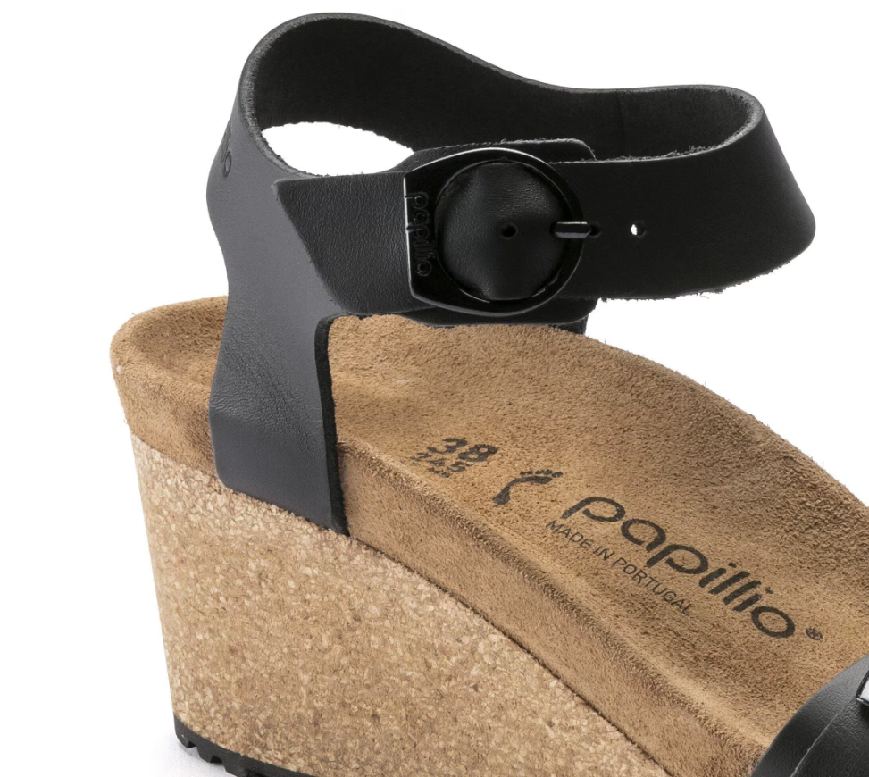 Birkenstock Soley Natural Leather Black Wedge Sandals Narrow