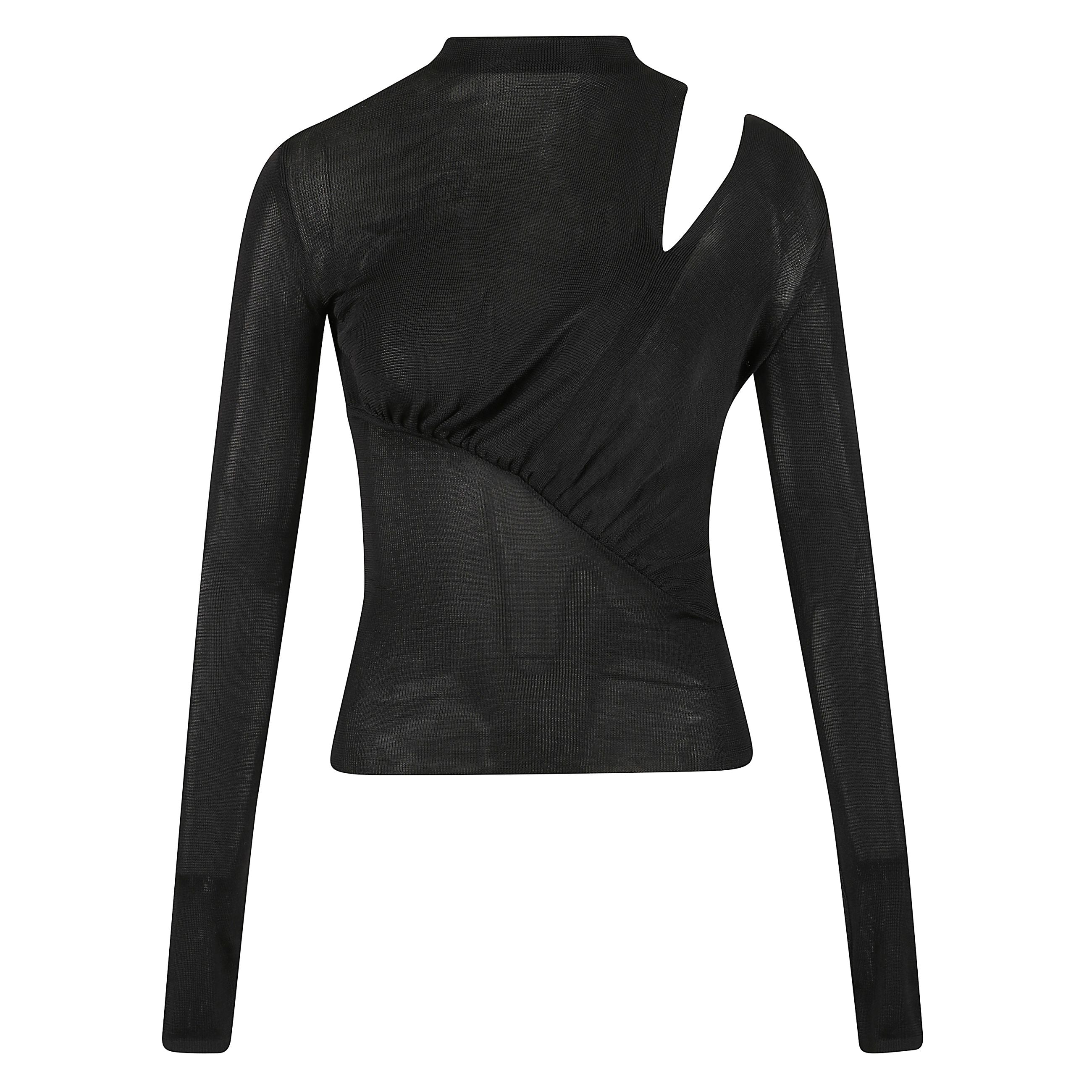 Top in maglia di viscosa a maniche lunghe con collo alto e vestibilitÃ  aderente. arricciature sul davanti e retro. apertura sulla spalla sinistra.