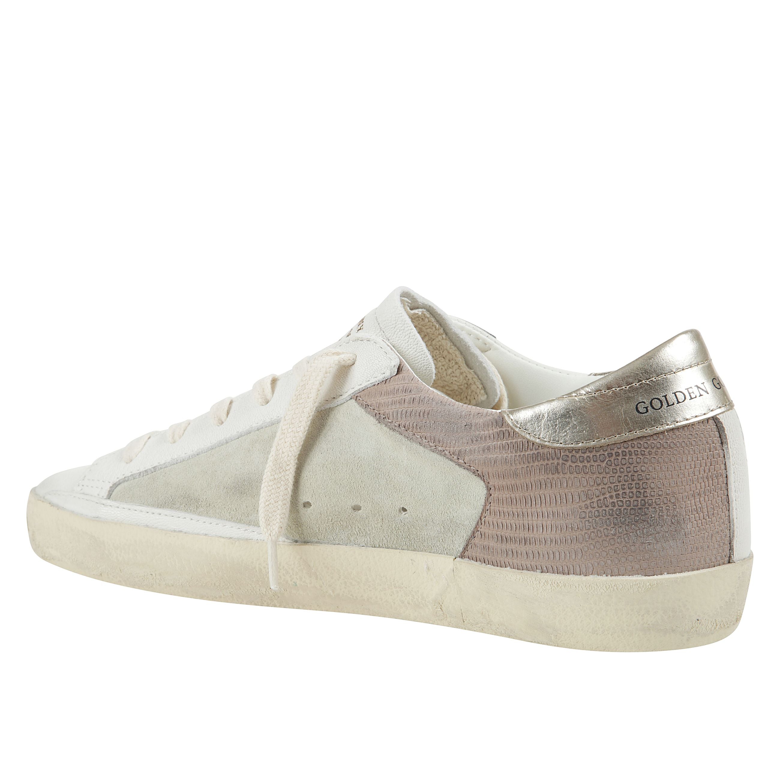 Sneakers super-star in pelle bianca, stella con stampa coccodrillo, tallone color oro
