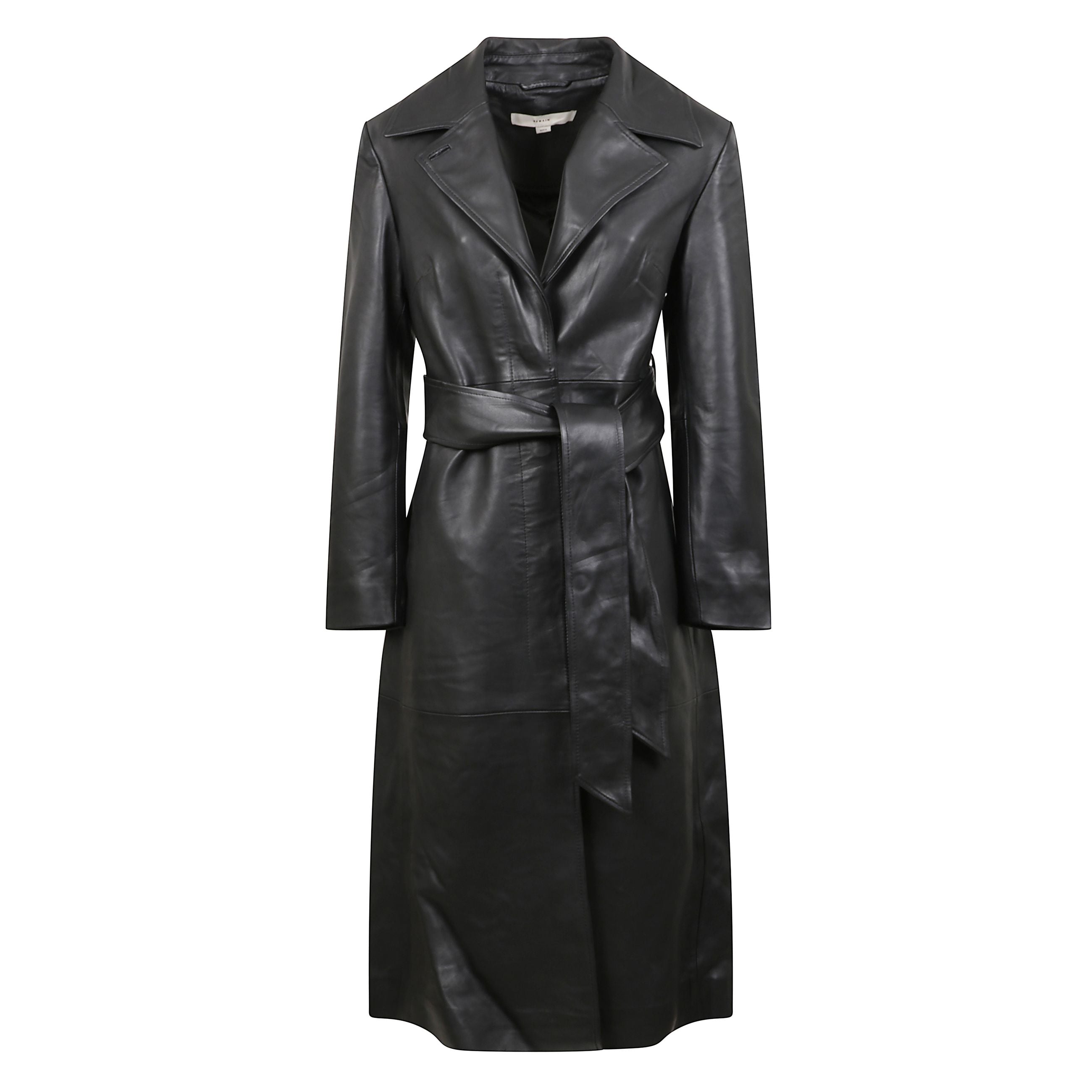 Cappotto classico in pelle bavero classico in stile dentellato. chiusura frontale con cintura in vita da annodare.