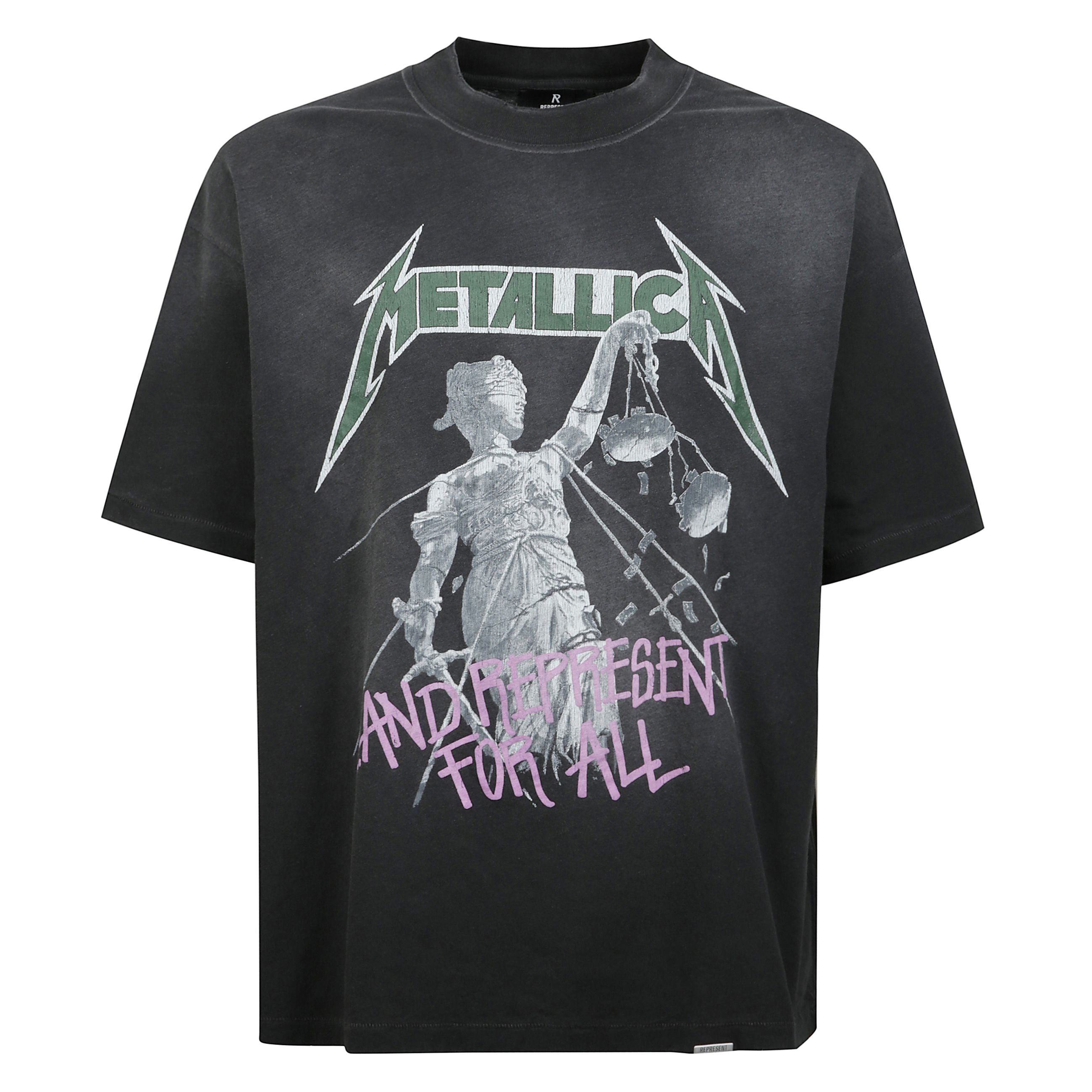 Metallica justice t-shirt in cotone con maniche corte e girocollo, dettaglio frontale e posteriore con stampa ''metallica'' a contrasto.