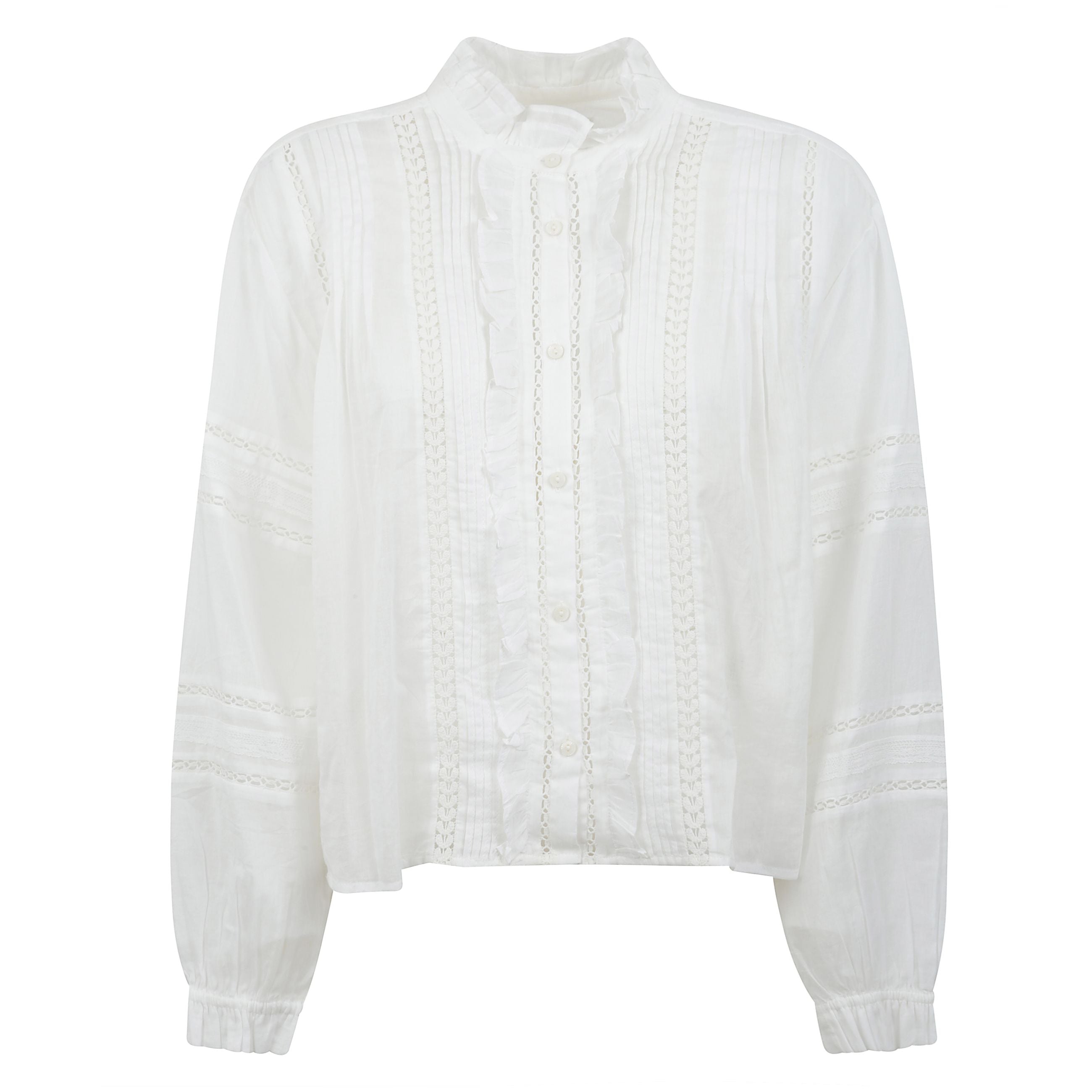 Blusa in cotone, abbottonatura frontale, polsini con bottoni, ricamo inglese, dettagli arricciati.