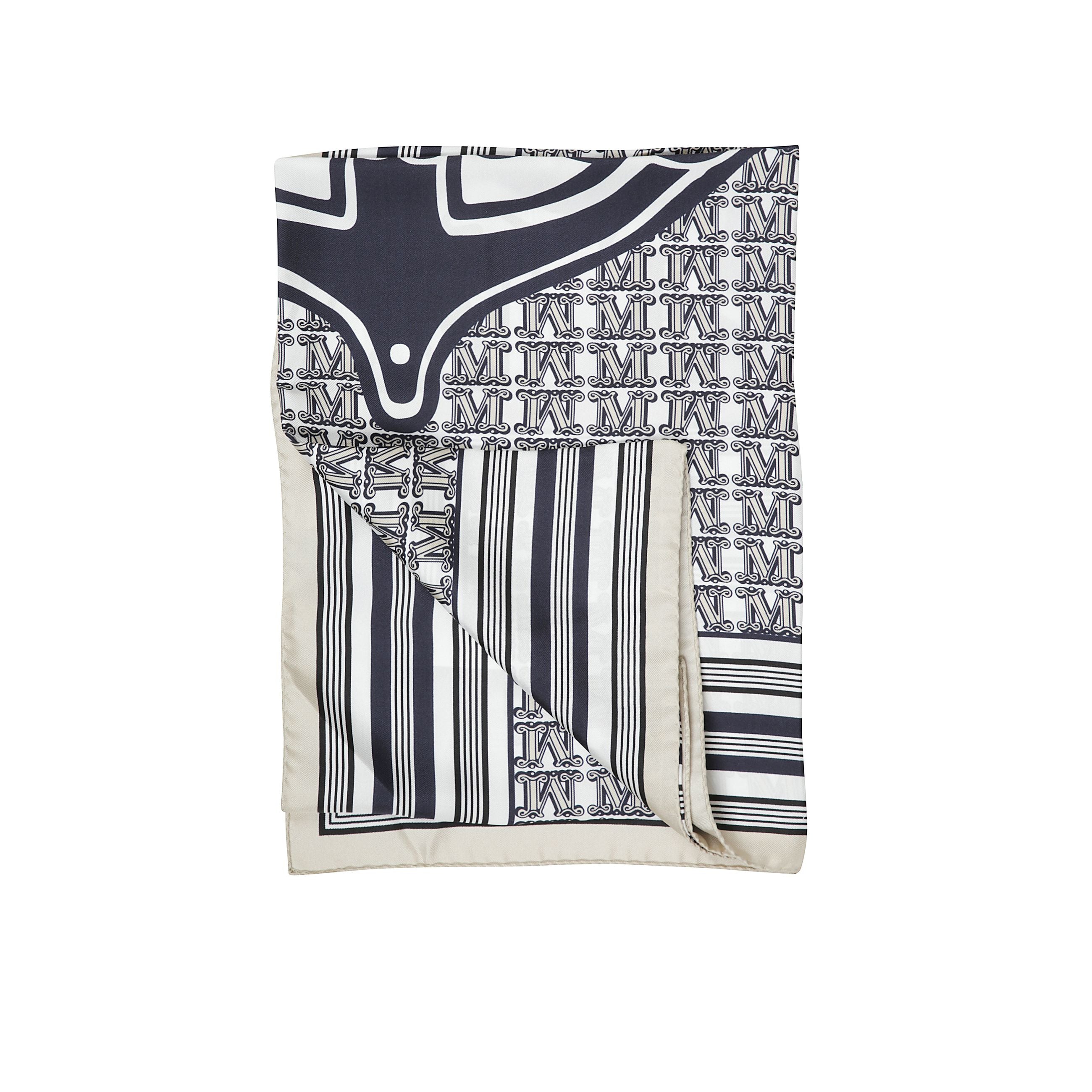 Foulard quadrato realizzato in prezioso twill di pura seta, con motivo di collezione stampato all over. rifinito con bordi finemente cuciti