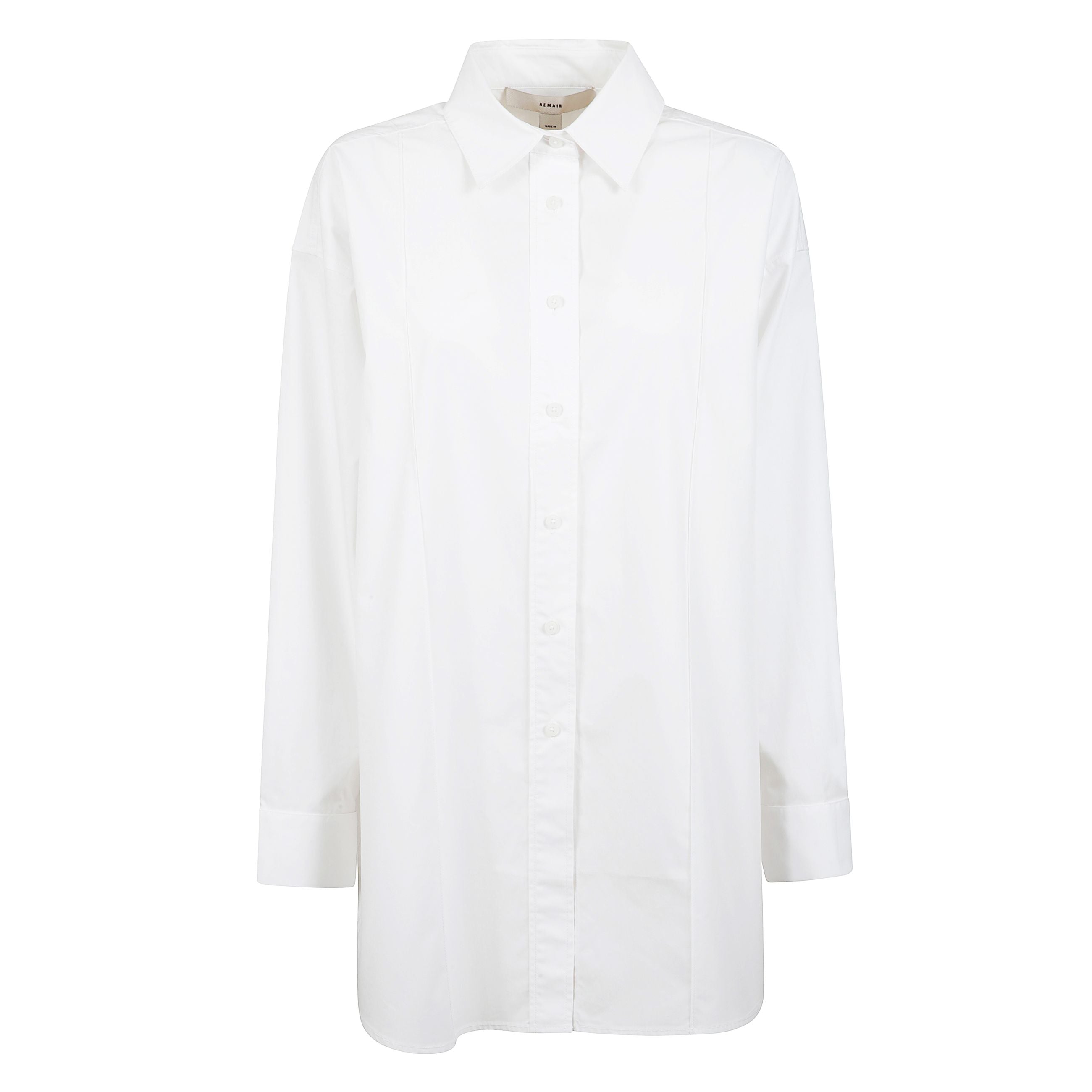 Camicia con punto smock in cotone, 
chiusura frontale con bottoni e dettaglio con pieghe a cannone, colletto classico e maniche lunghe
