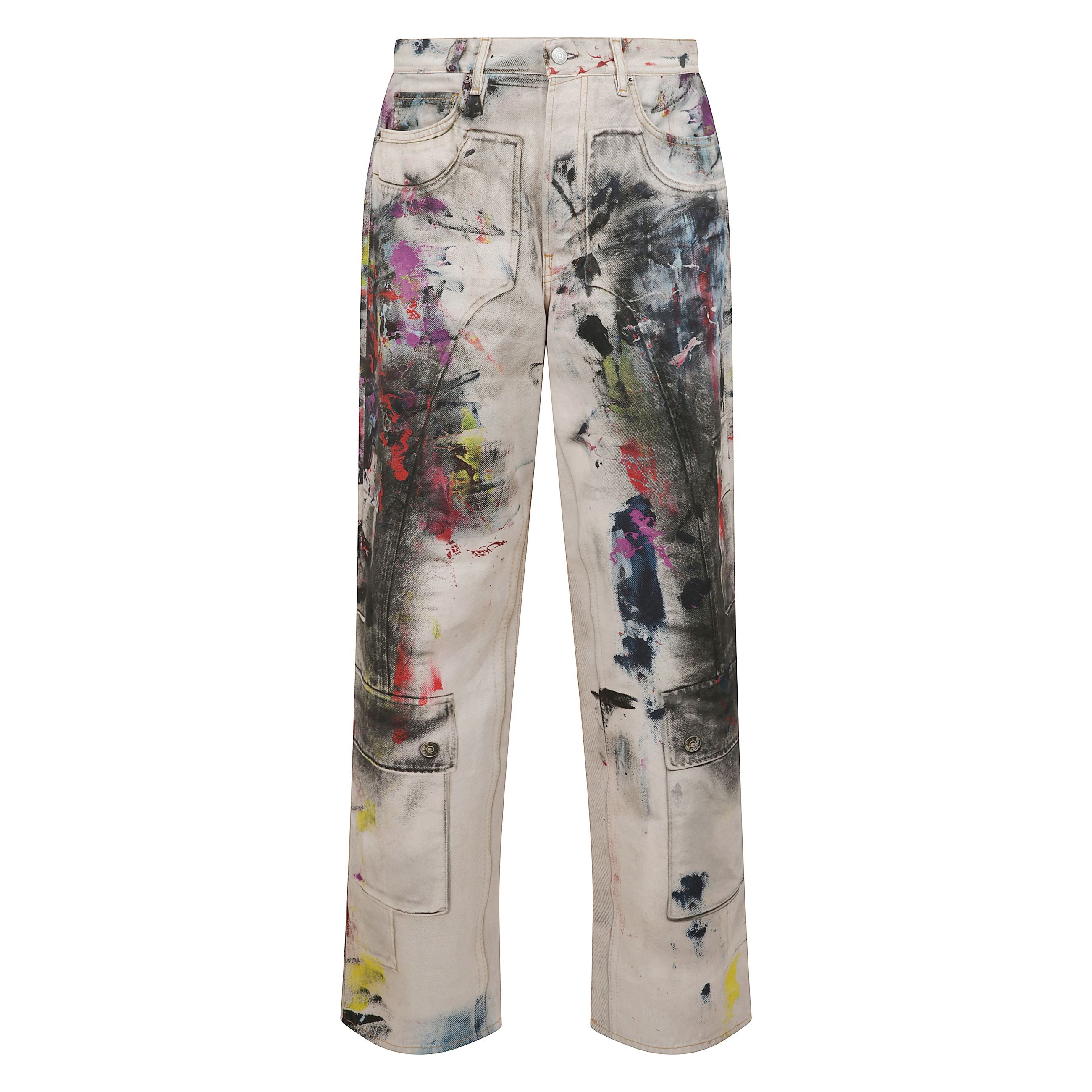 Jeans in tela di cotone con vestibilitÃ  ampia e vita bassa/media. gamba larga e taglio lungo. stampa trompe lâoeil effetto dipinto. modello a cinque tasche. chiusura frontale con bottoni.