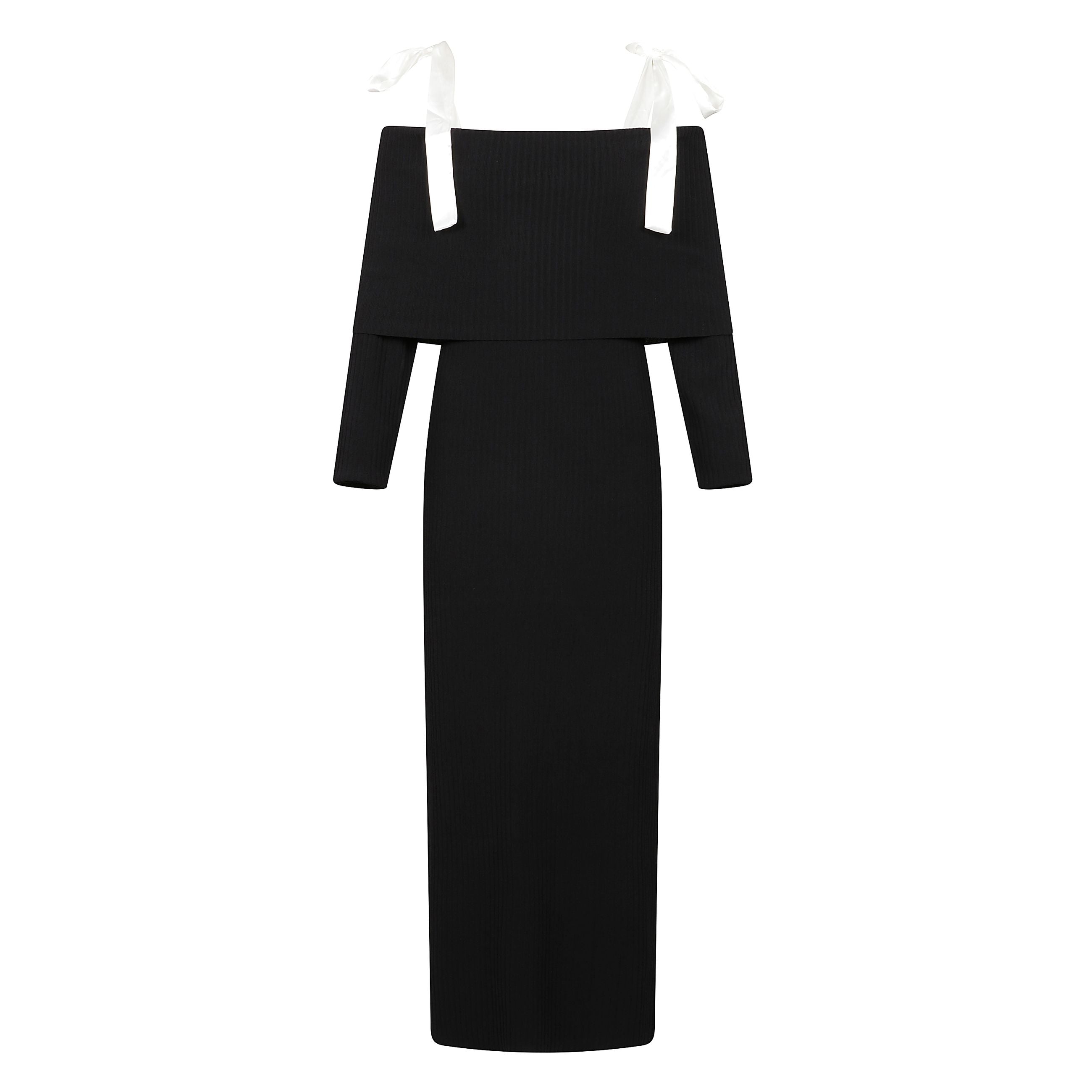 Abito lungo nero con spalle scoperte e fiocchi