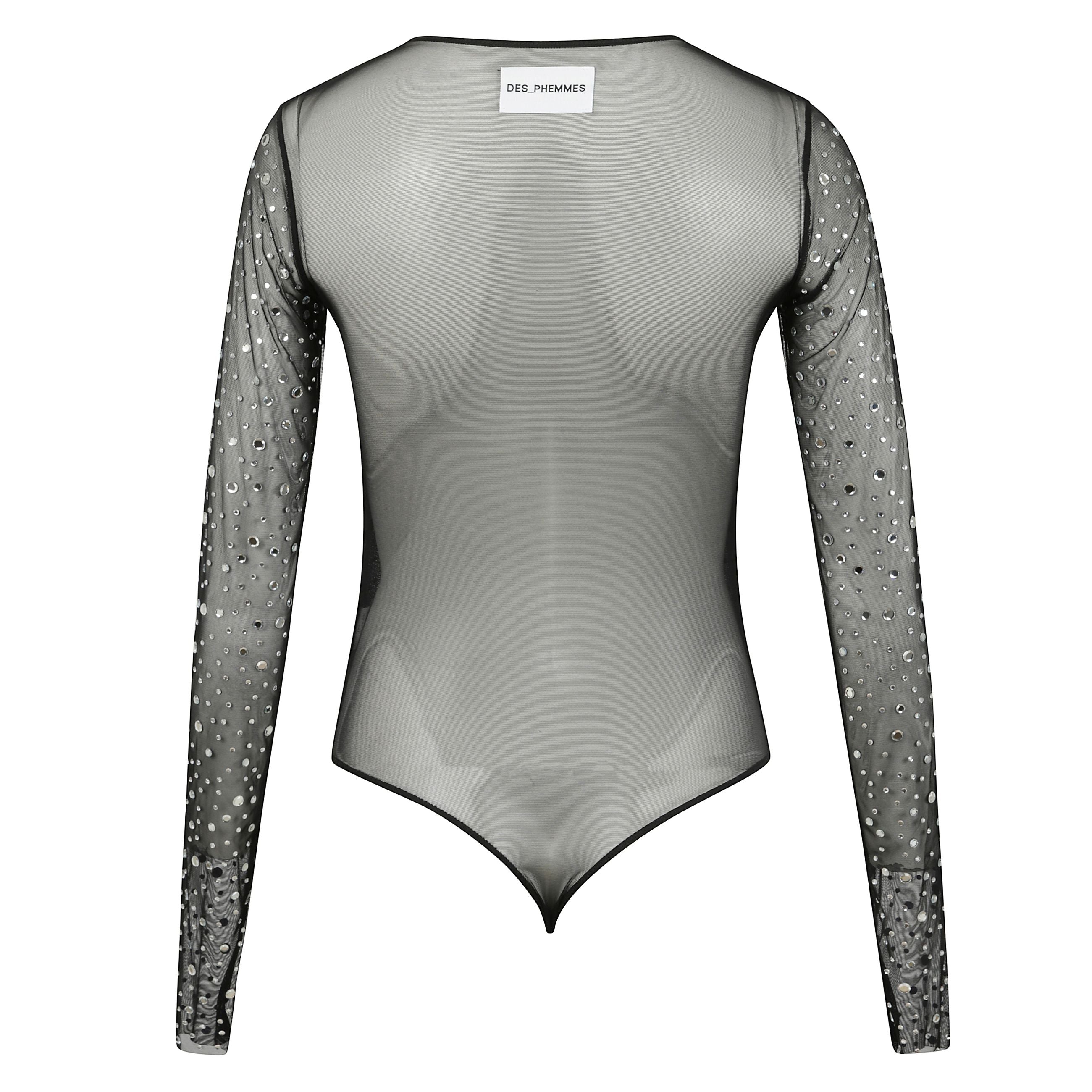 Body nero in tulle manica lunga intarsiato di cristalli