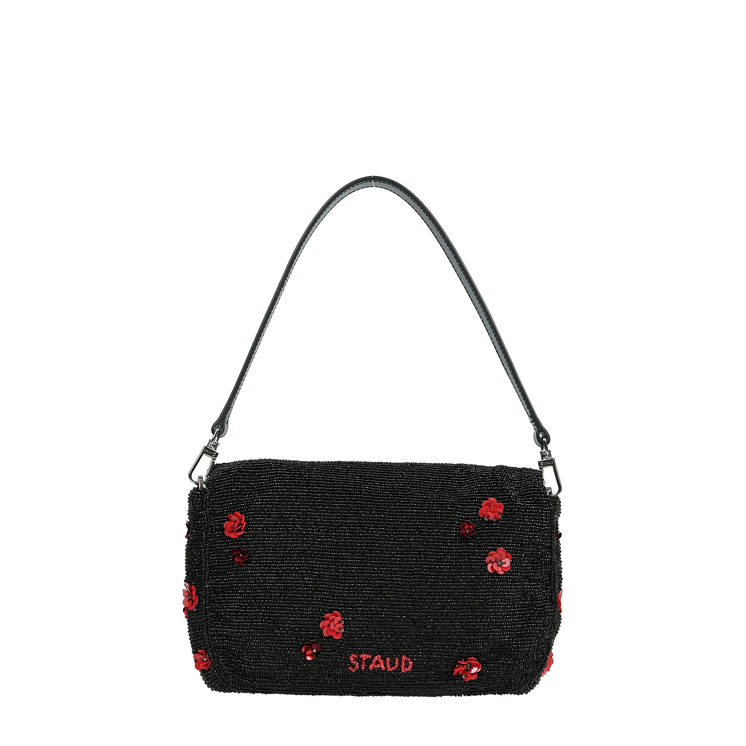 Borsa rettangolare di colore nero con battente nella parte superiore a chiusura magnetica, tracolla rimovibile, decorazione in coralli e paillette, motivo floreale.