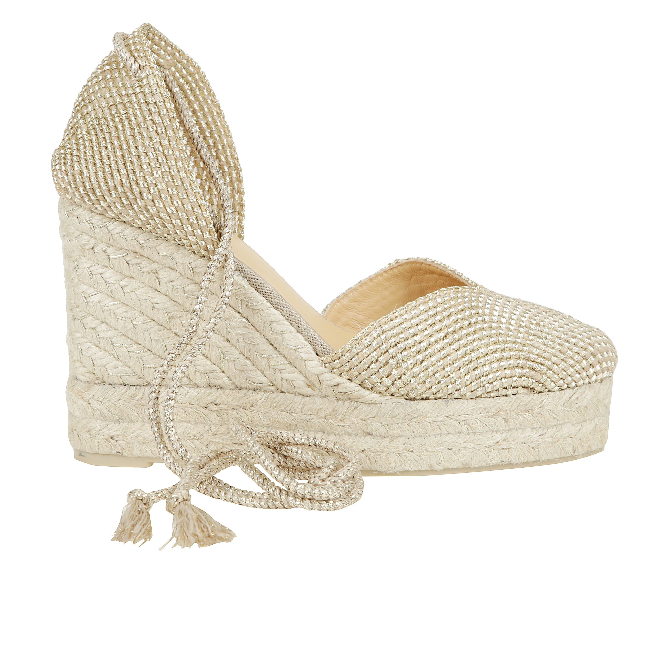 Espadrilla cora realizzato in juta e rayon con scollo a v, soletta imbottita zeppa in juta da 11 cm con doppio plateau