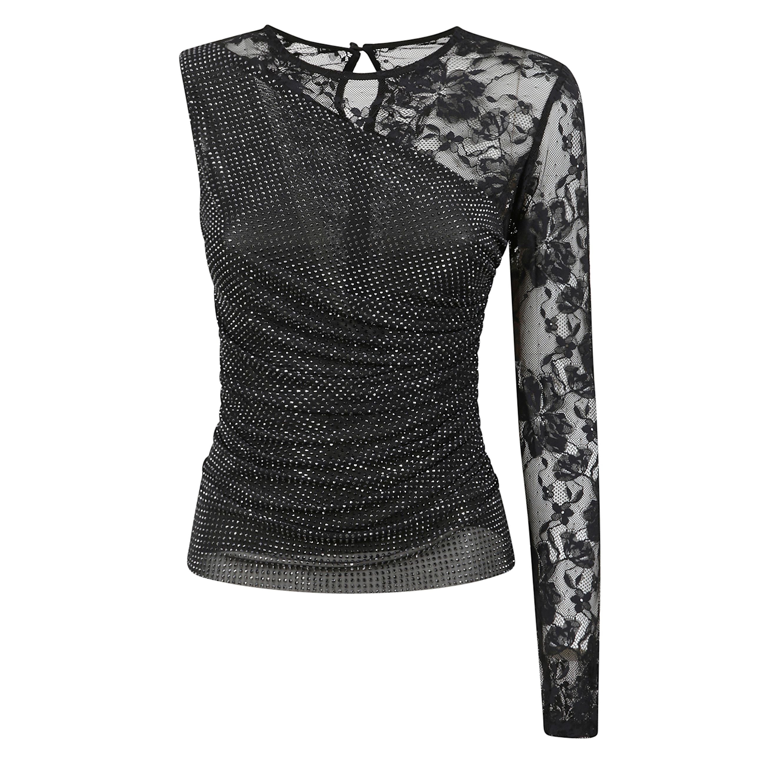 Maglia lunga asimmetrica con manica sinistra lunga in pizzo e smanicata sulla destra. corpo con dettagli in strass. tessuto con vestibilitÃ  aderente. chiusura con zip sul retro.