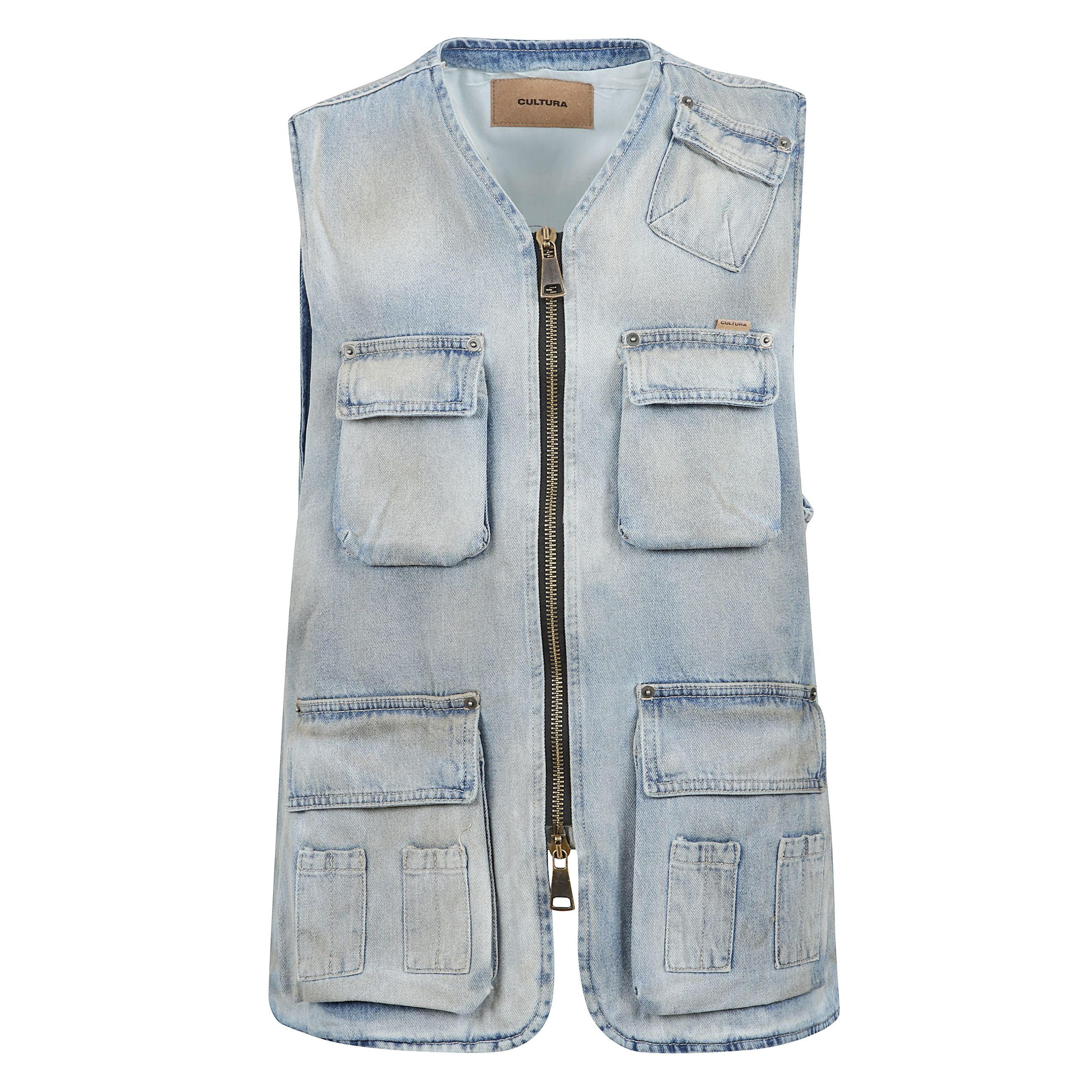Gilet in cotone blu con tasche sul davanti e stampa posteriore, chiusura centrale con zip