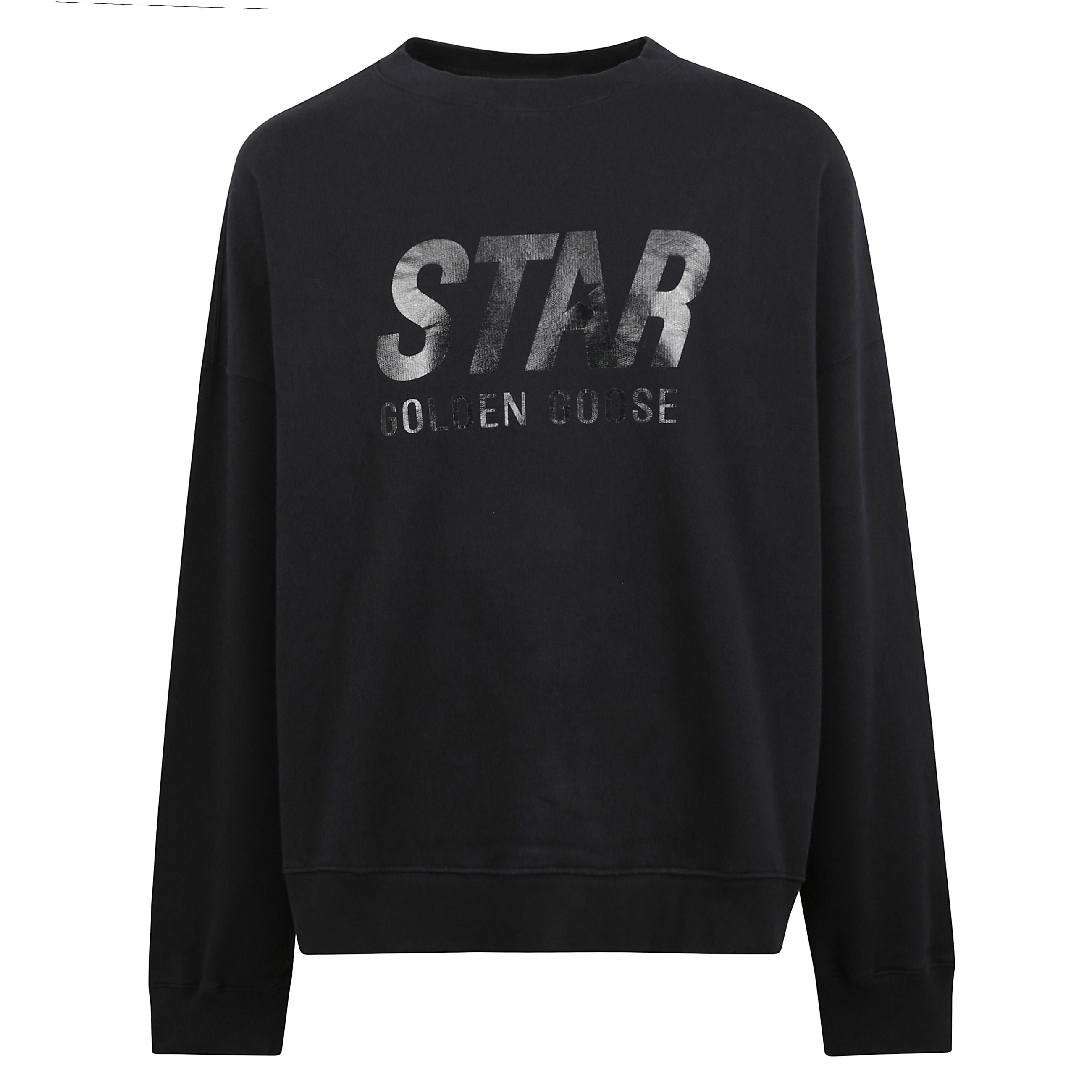 Felpa nera in cotone con girocollo e vestibilitÃ  boxy. logo golden goose sul davanti e finiture a coste su orlo e polsini.