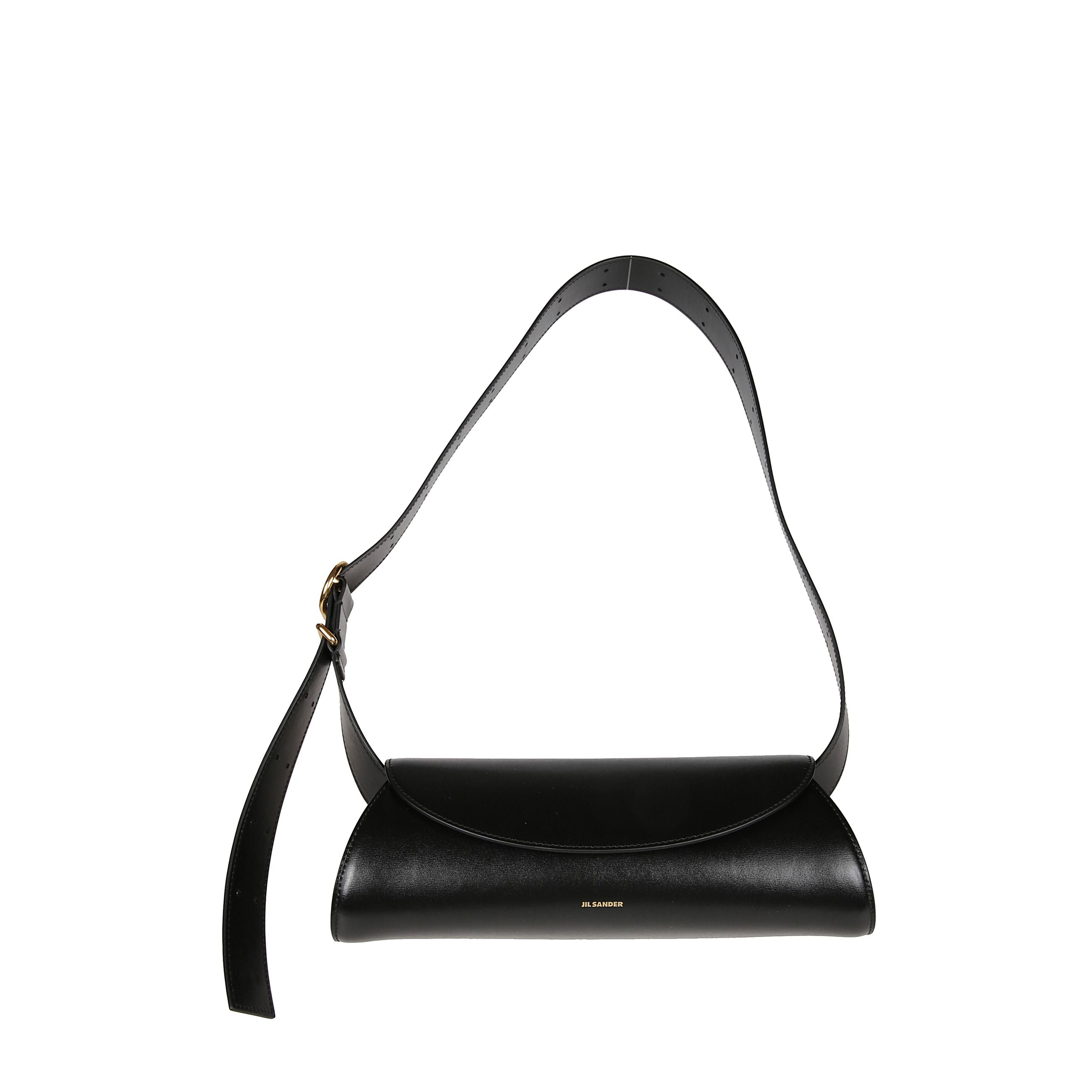 Borsa a tracolla in pelle con silhouette sottile cilindrica. chiusura con patta superiore. tracolla regolabile con fibbia ed occhielli decorativi. firma jil sander dorata stampata sul fronte.