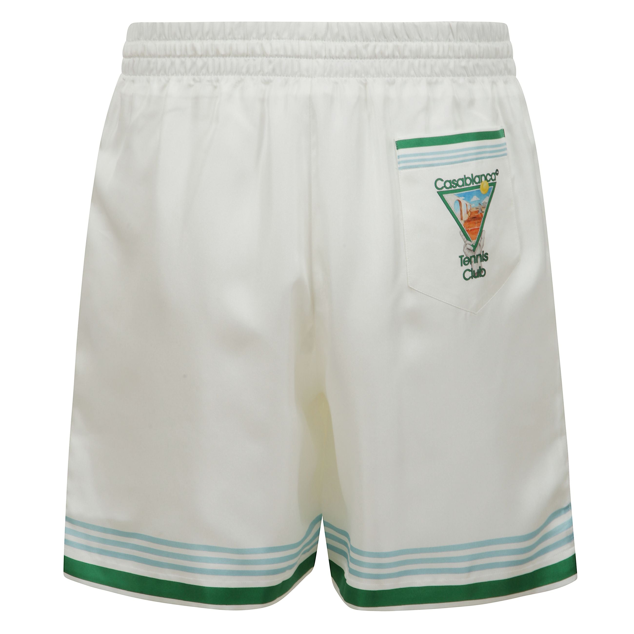 Pantaloncini in seta tennis club icon, cintura elastica e coulisse, tasche laterali e tasca posteriore applicata.