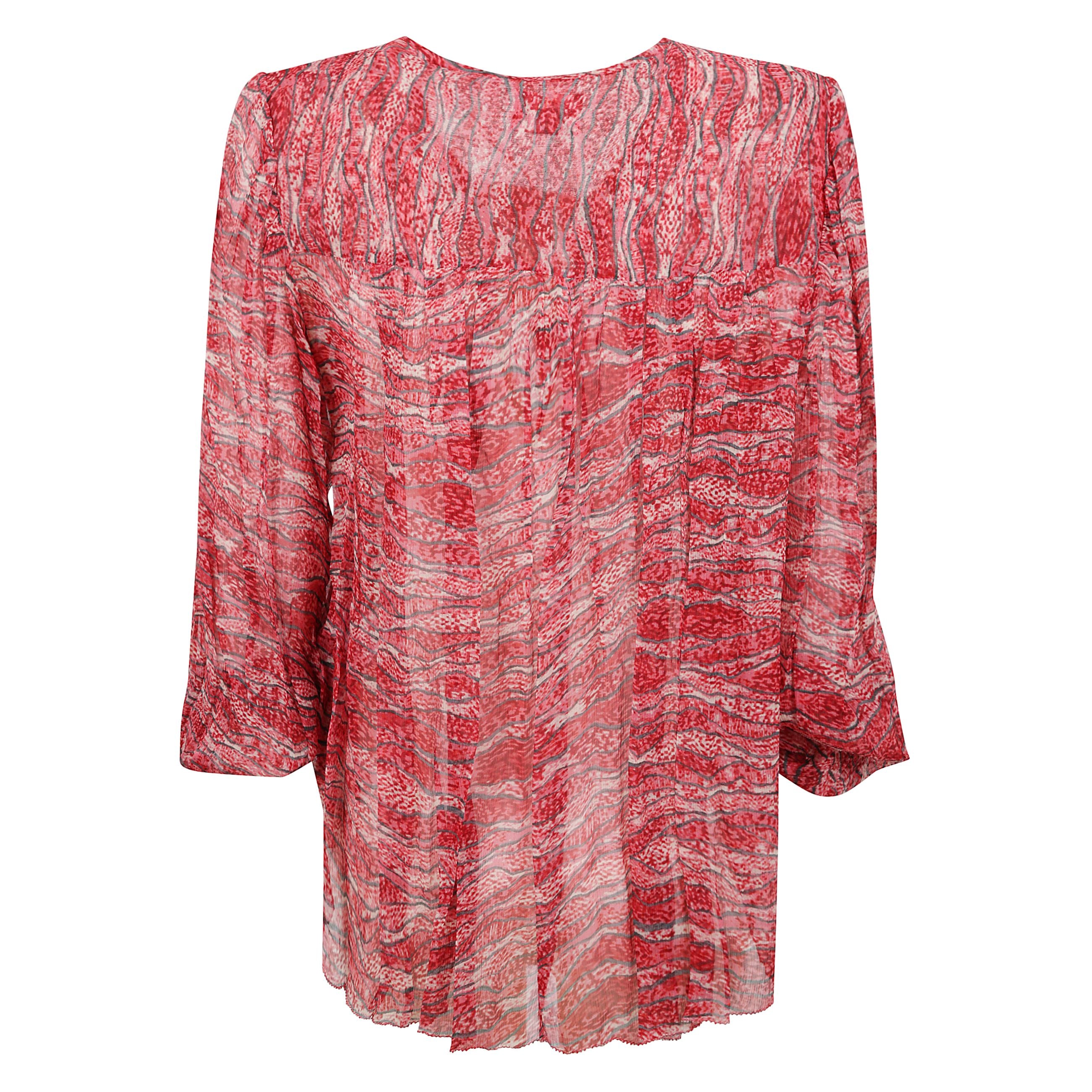 Top advika a fantasia astratta con scollo a v, chiusura frontale con lacci, maniche lunghe e orlo dritto