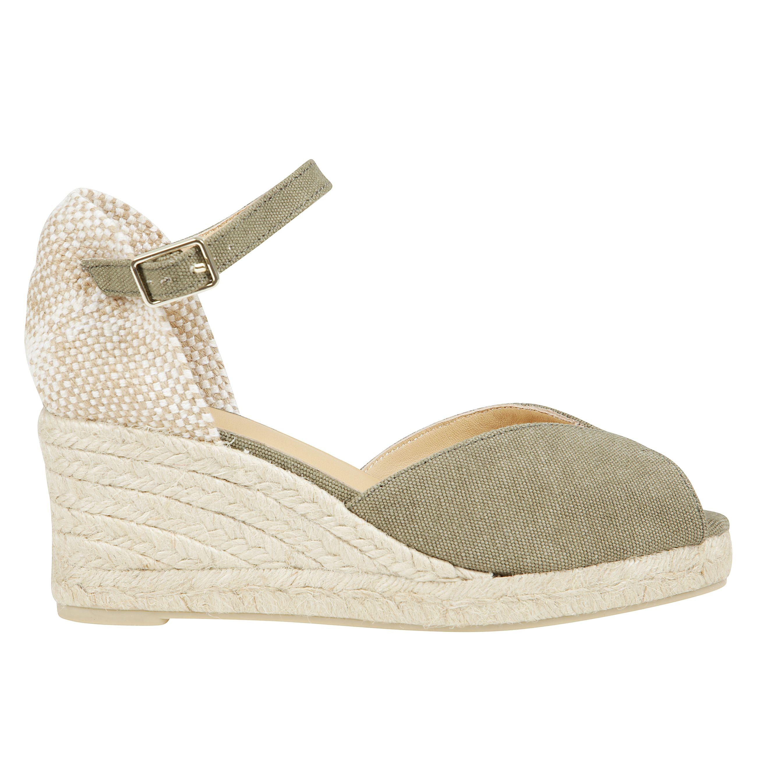 Sandalo bianca stile peep-toe in cotone organico lavato con chiusura a cinturino, soletta imbottita e zeppa in juta