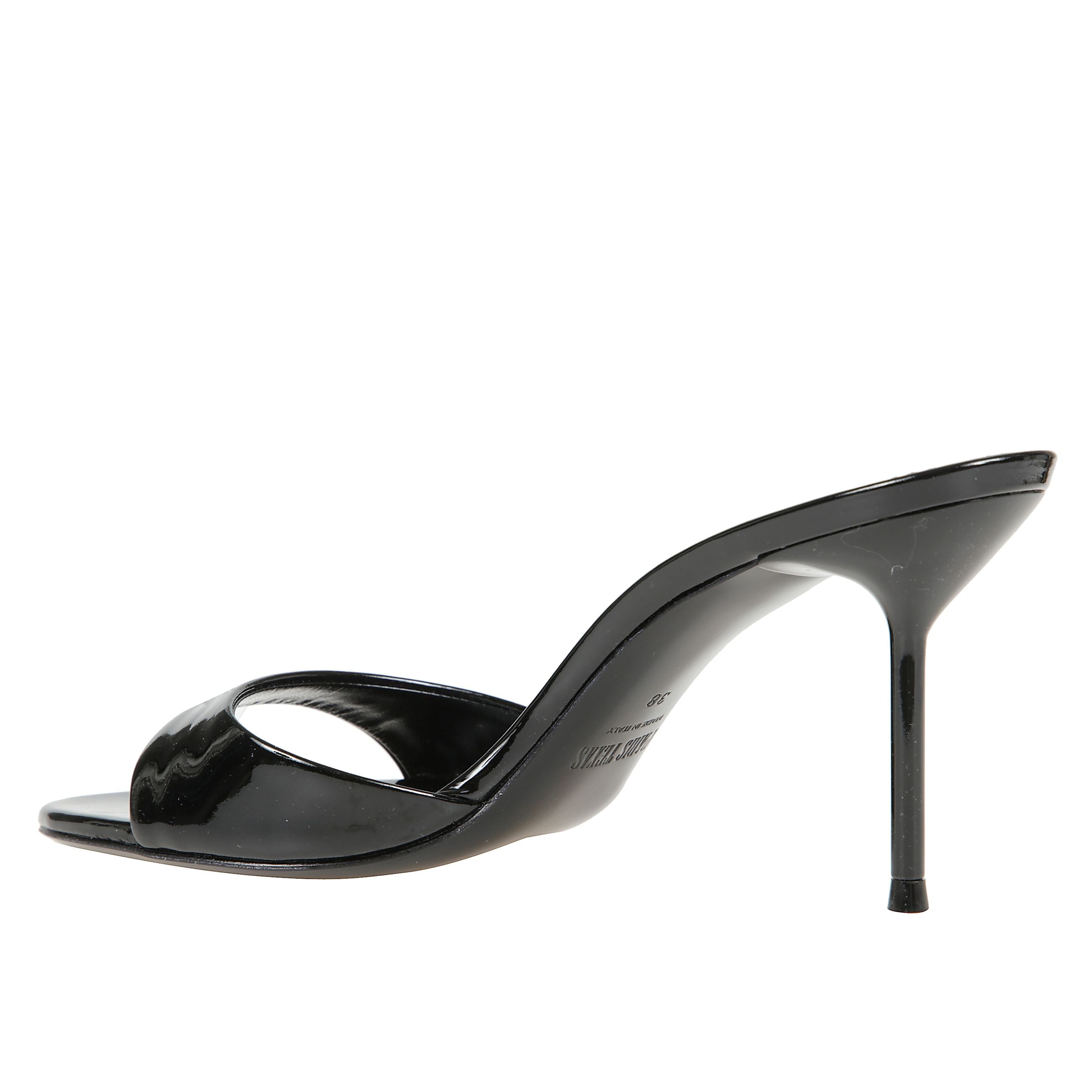 Lidia mule 70 in pelle lucida con tacco a spillo e suola in cuoio.