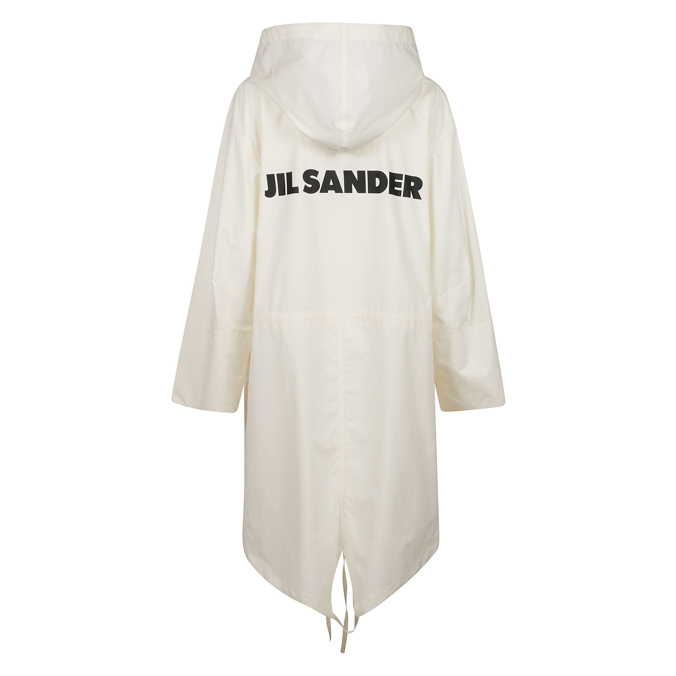 Parka in cotone impermeabile bianco con logo nero retro jil sander, con coulisse su fondo e orlo più lungo retro