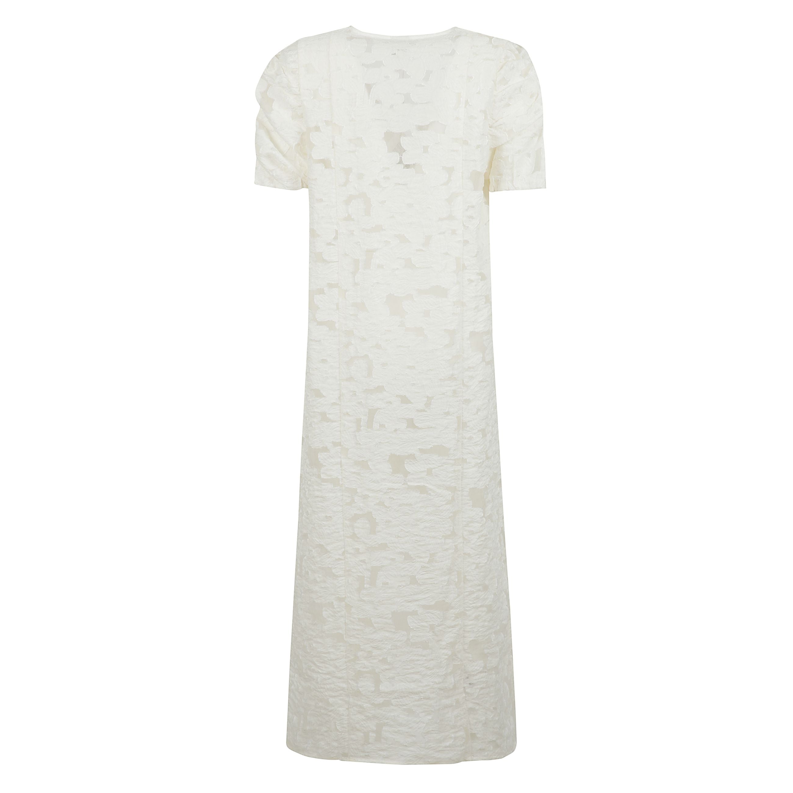 Abito midi semitrasparente realizzato in pizzo floreale,  caratterizzato da scollo a v e maniche voluminose