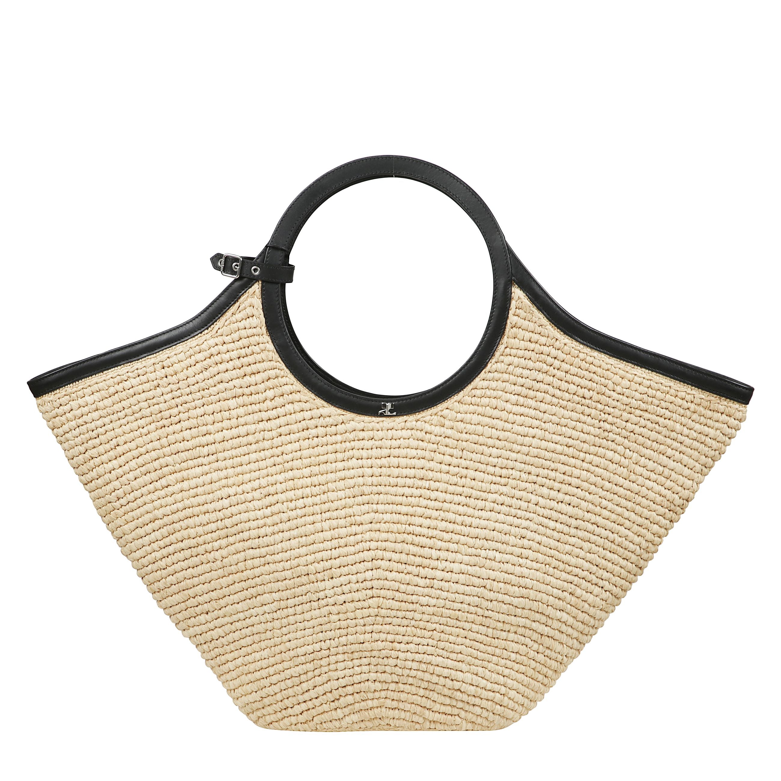 Borsa maxi holy in rafia aperta in alto con maniglie superiori circolari
rifinite in pelle.