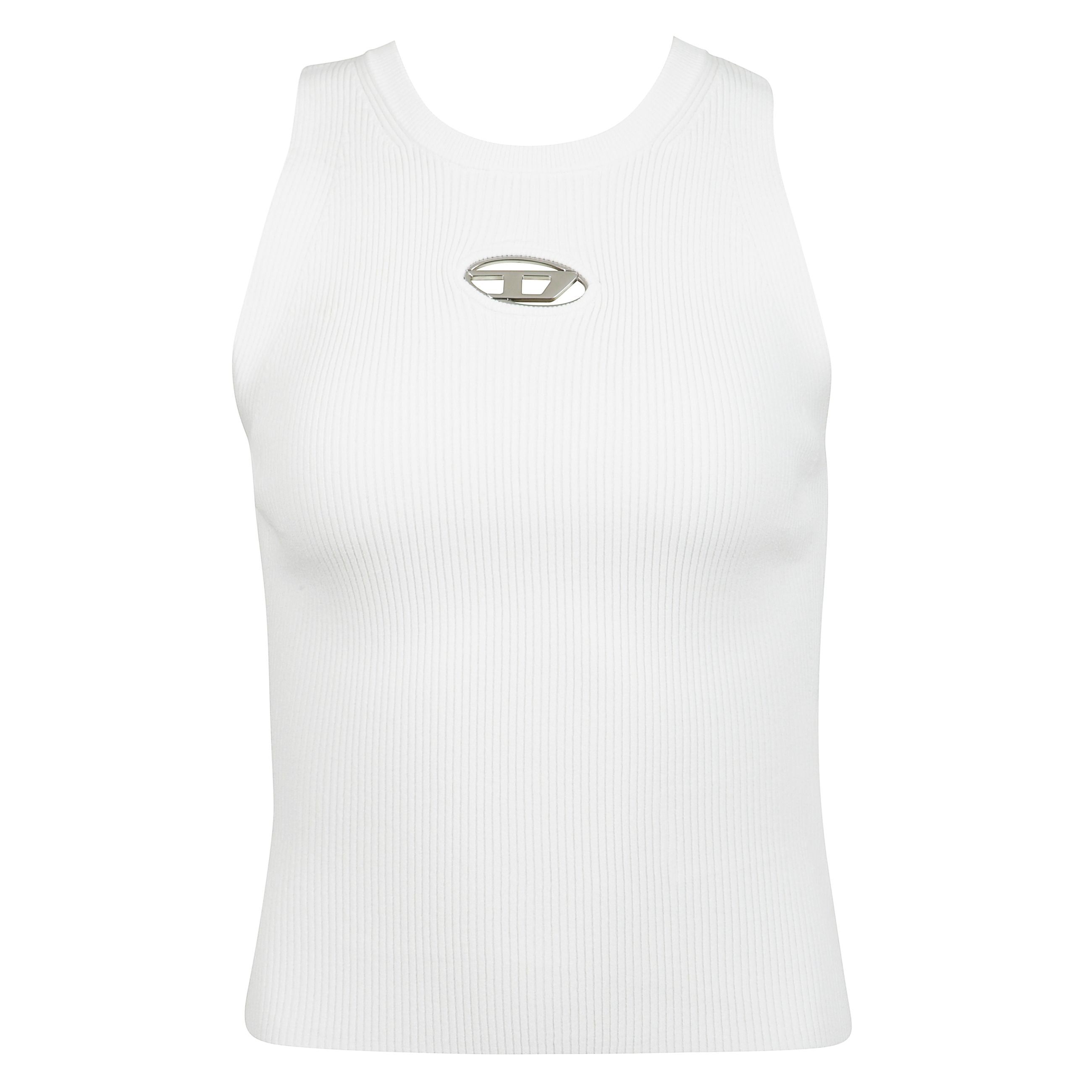 M-caddix-top a canotta da donna Ã¨ lavorato a maglia in un morbido mix di viscosa proveniente da foreste gestite responsabilmente. la lavorazione a coste vanisÃ© crea una texture a contrasto sul fronte e sul retro. la piccola placca oval d in metallo Ã¨ i