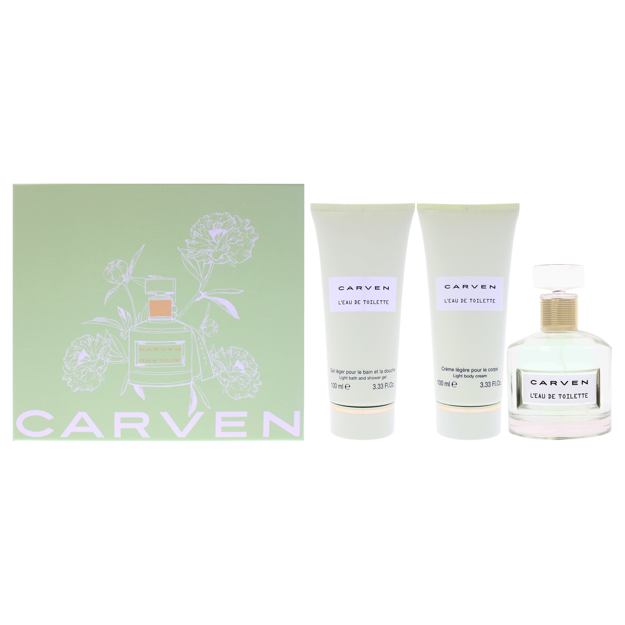 LEau De Toilette by Carven for Women - 3 Pc Gift Set 3.33oz EDT Spray, 3.33oz Light Body Cream, 3.33oz Ligth Bath and Shower Gel